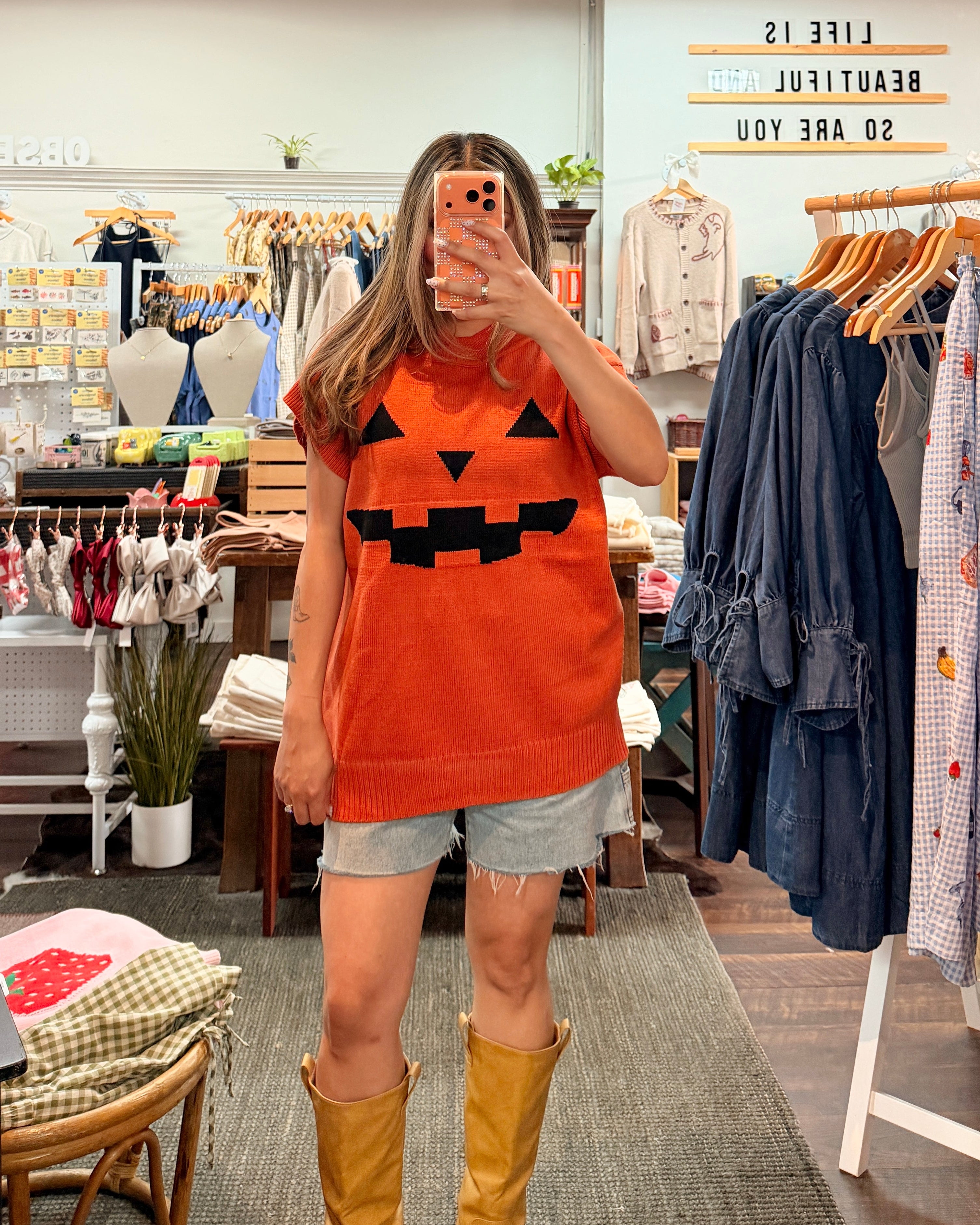 Halloween Pumpkin Short Sleeve Knit Top