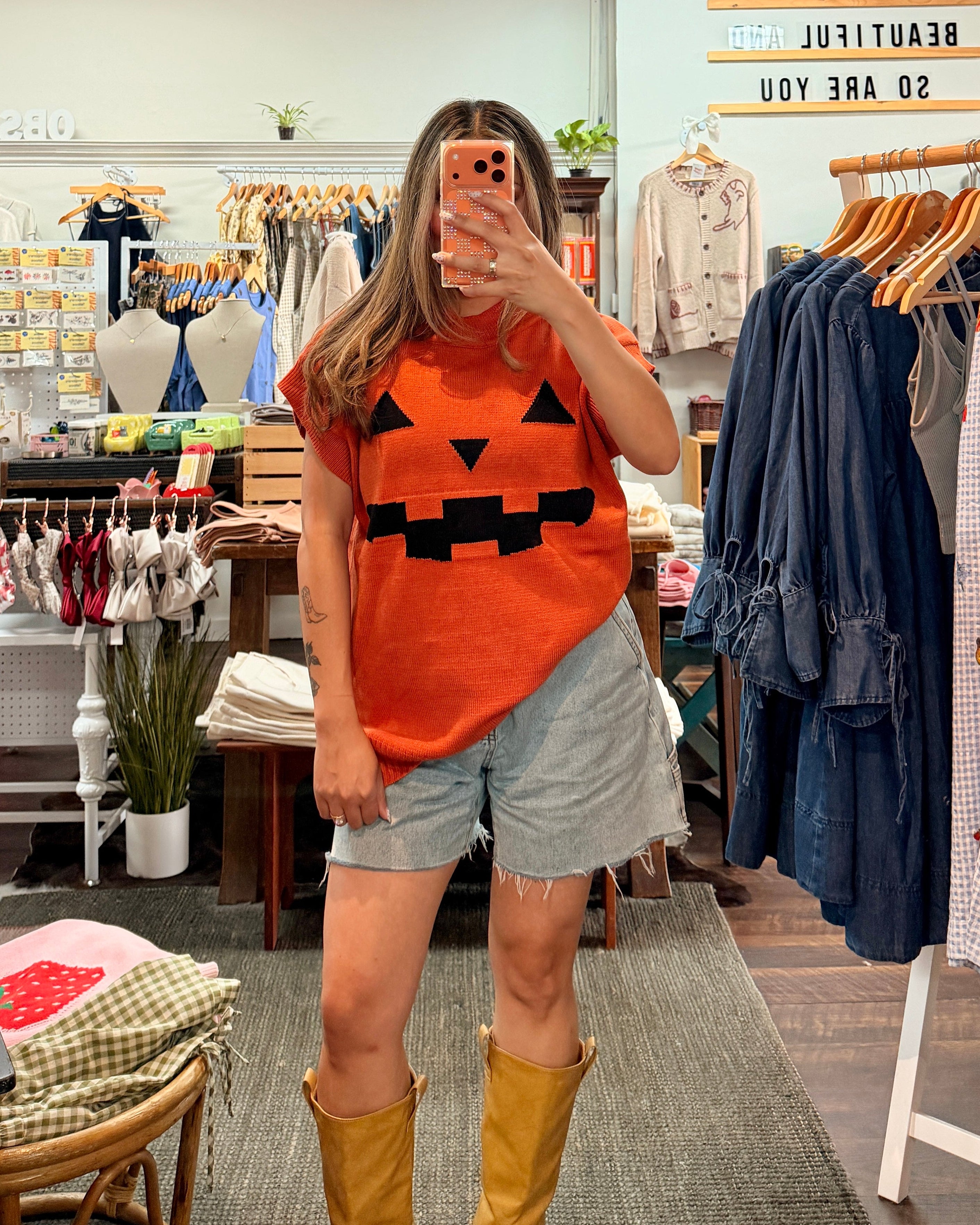 Halloween Pumpkin Short Sleeve Knit Top