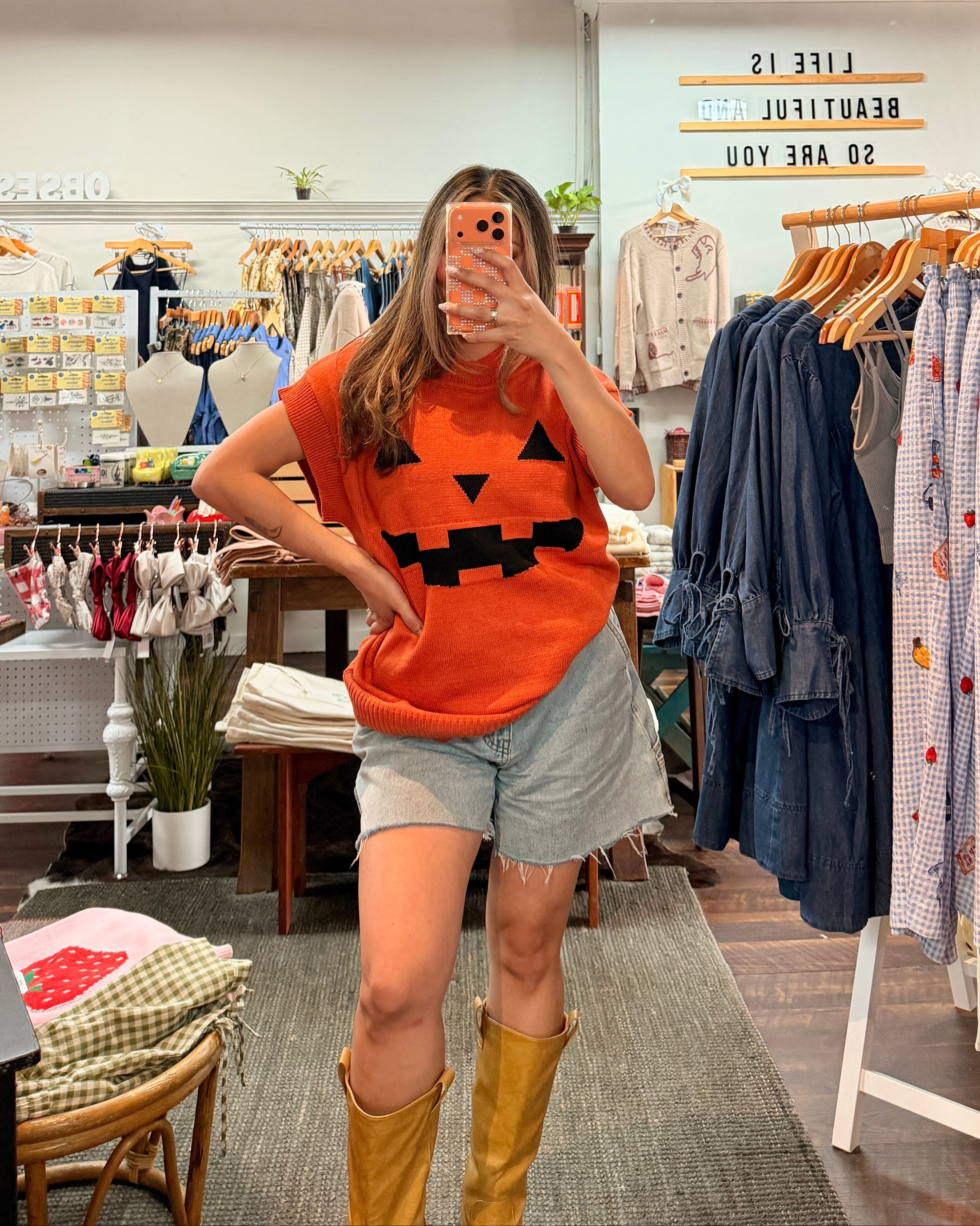 Halloween Pumpkin Short Sleeve Knit Top