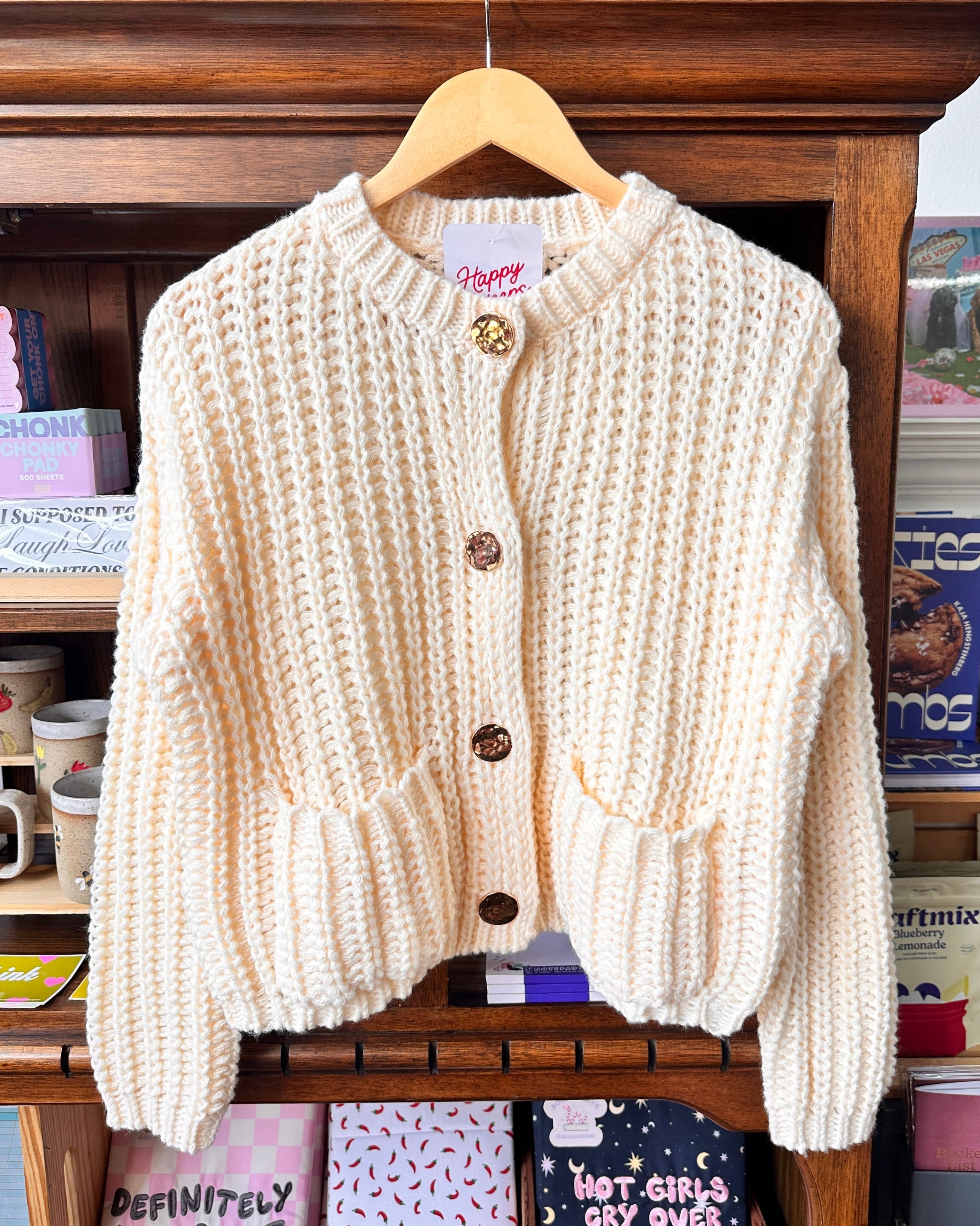 Chunky Knit Cardigan Metal Snap Button - Cream