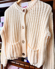 Chunky Knit Cardigan Metal Snap Button - Cream
