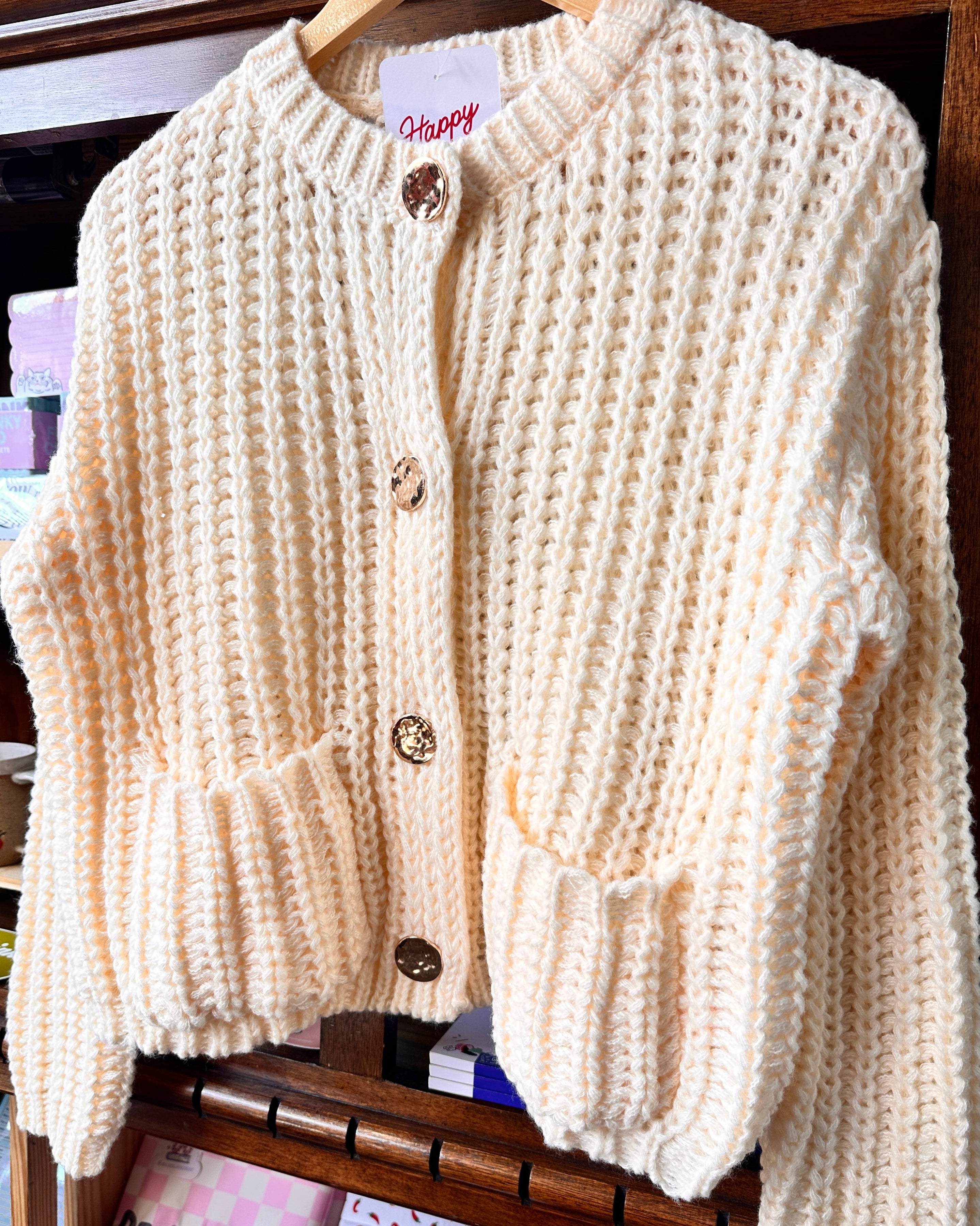 Chunky Knit Cardigan Metal Snap Button - Cream