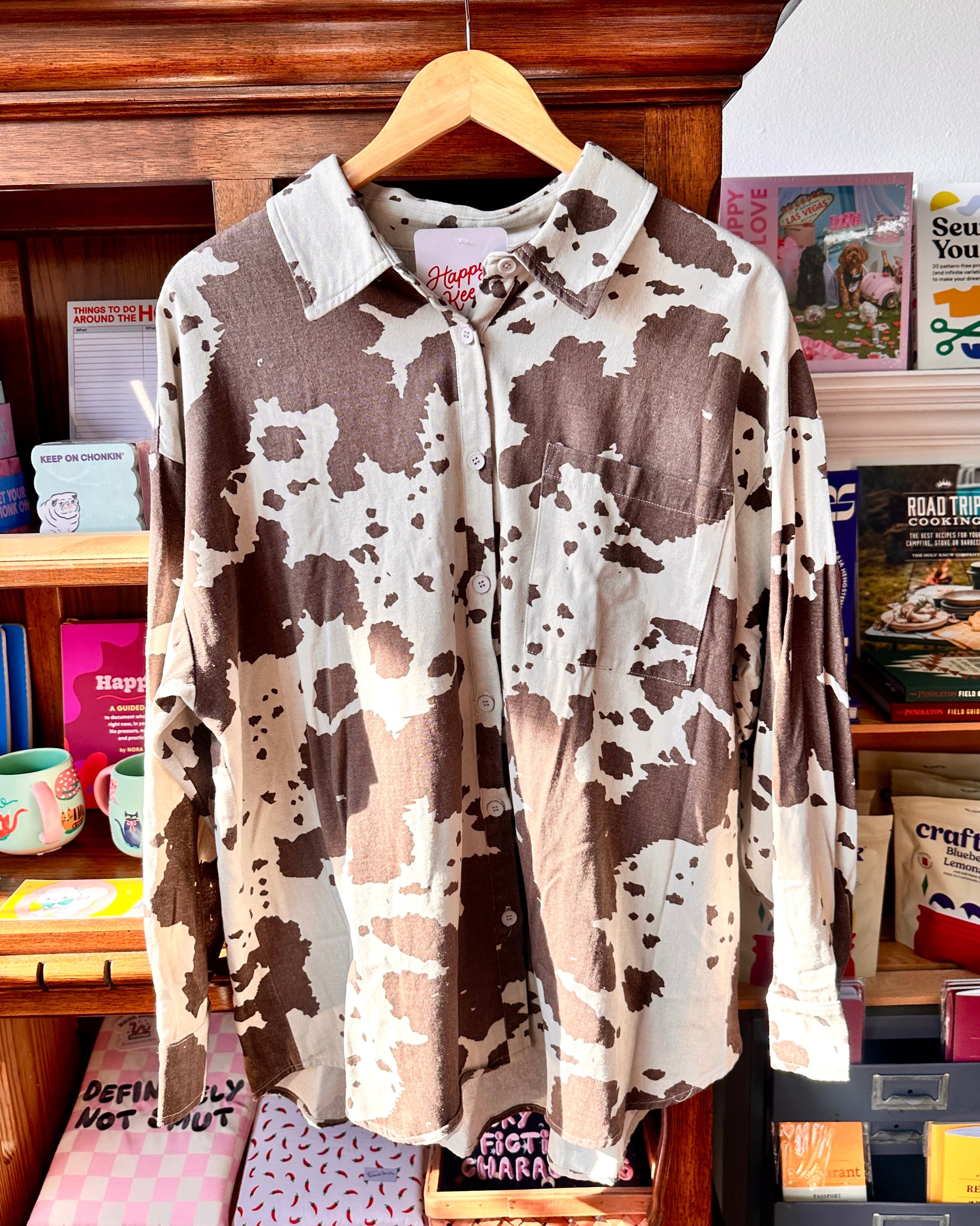Cow Print Oversize Button Up Shirt