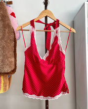 Polka Dot V Neck Halter Top - Red