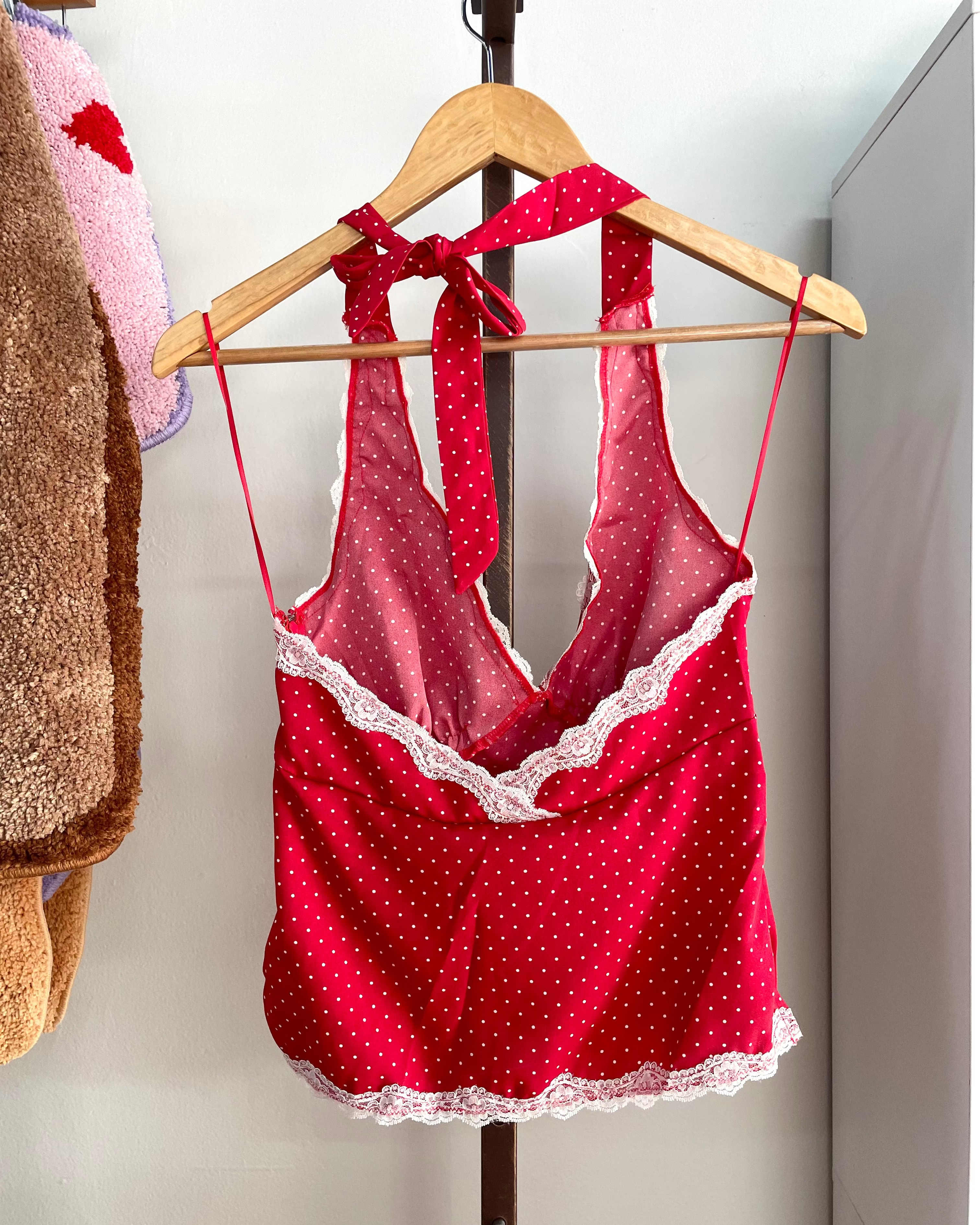Polka Dot V Neck Halter Top - Red