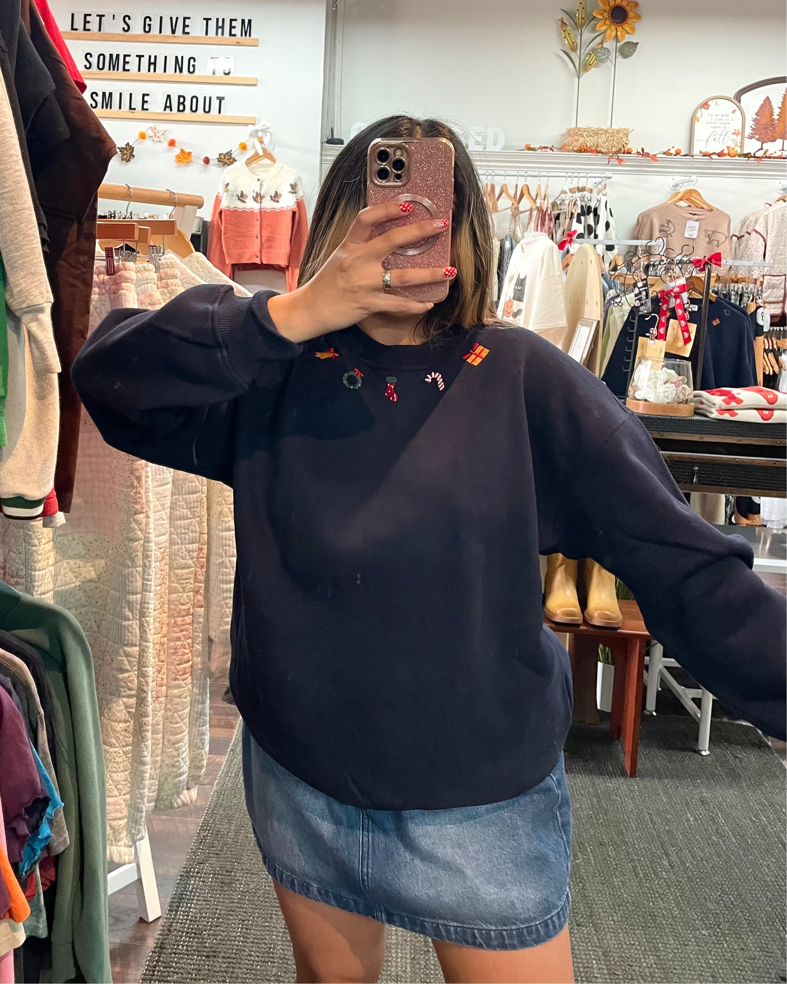 Christmas Embroidered Collar Icons Sweatshirt - Navy
