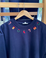 Christmas Embroidered Collar Icons Sweatshirt - Navy