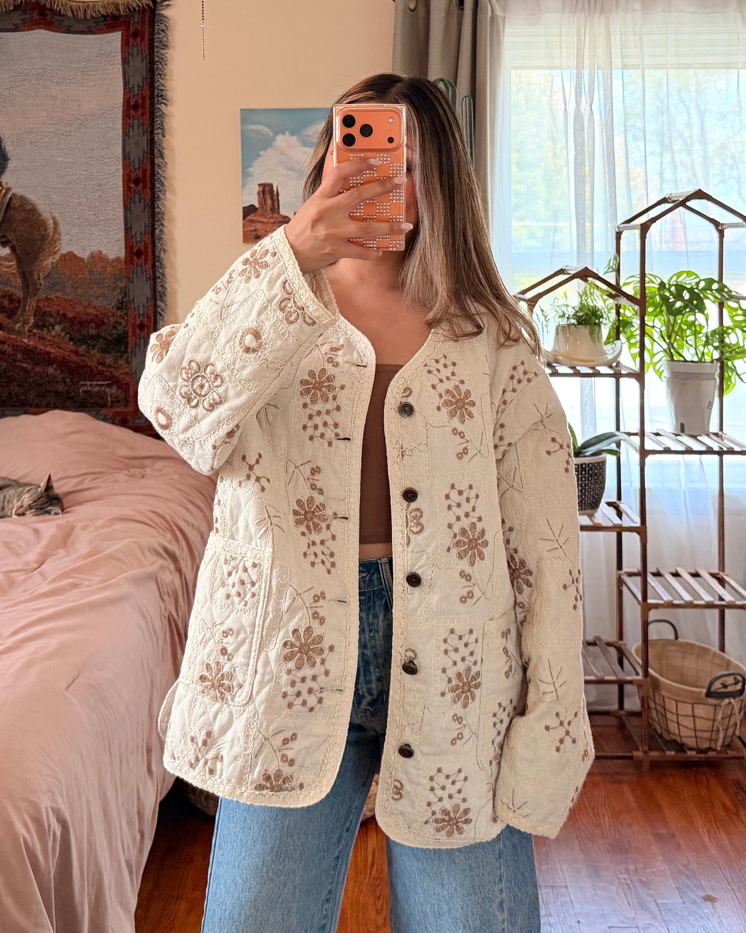 Floral Quilted Woven Jacket - Cream