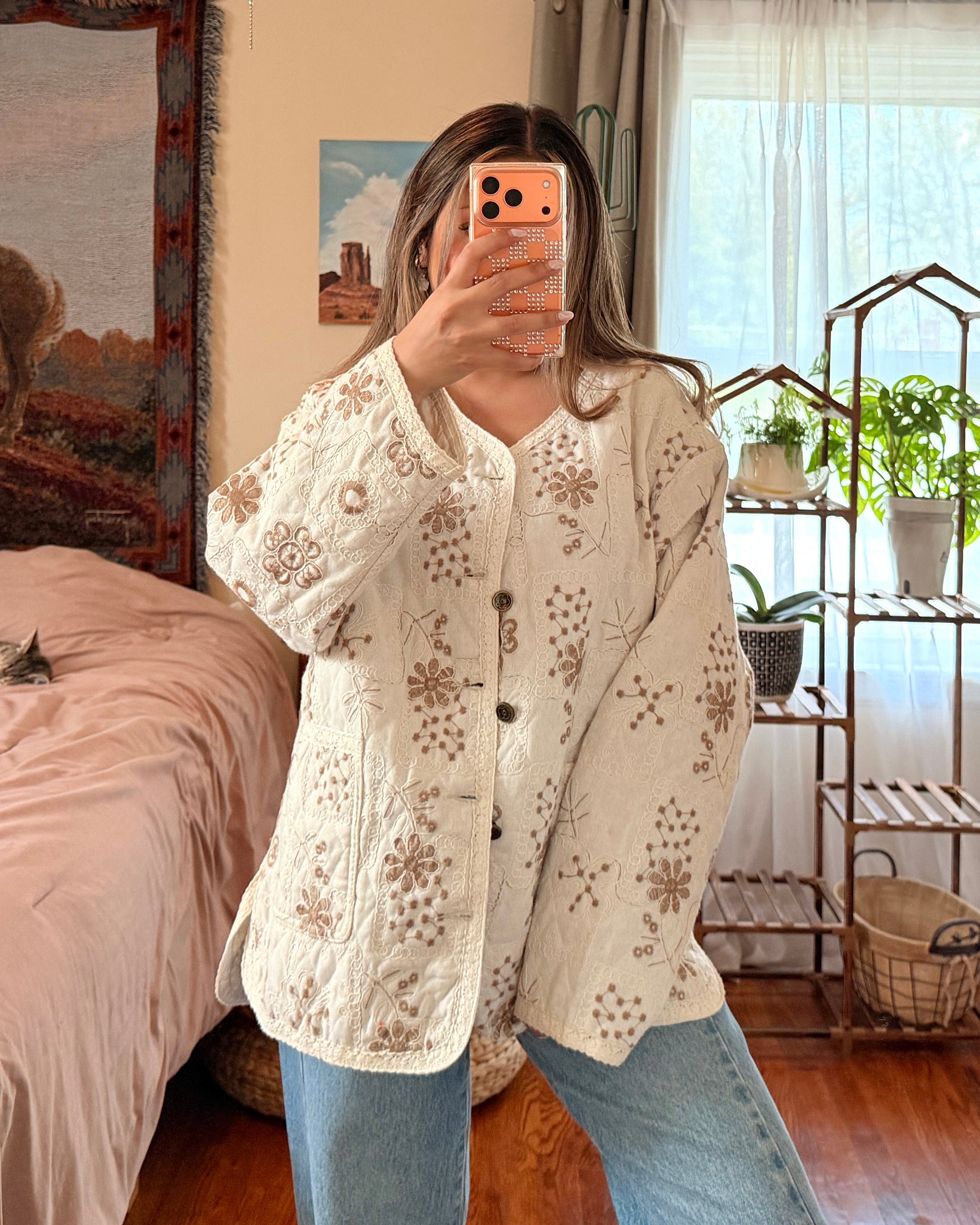 Floral Quilted Woven Jacket - Cream
