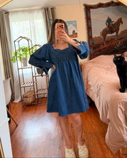 Square-Neck Smocked Denim Dress