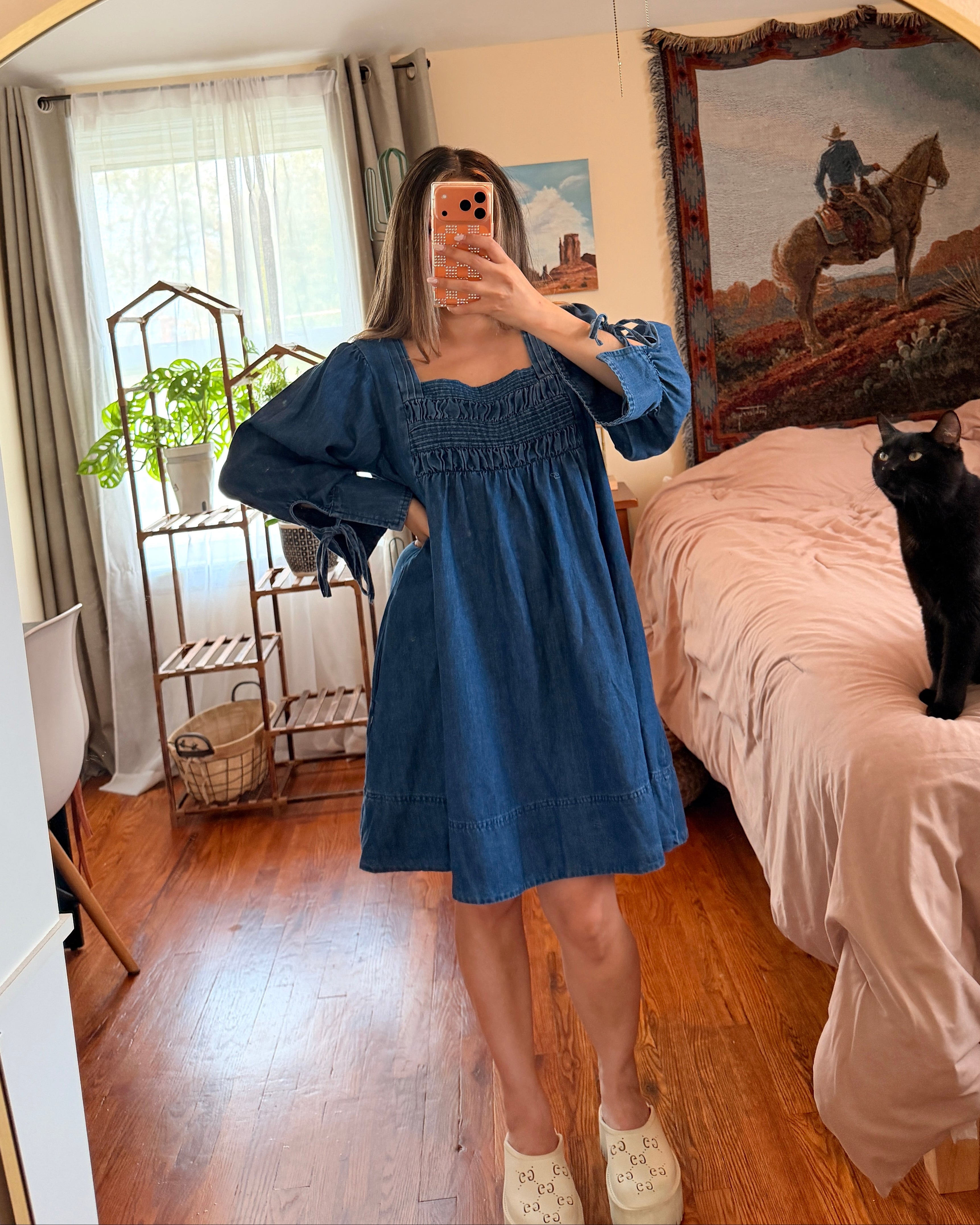 Square-Neck Smocked Denim Dress