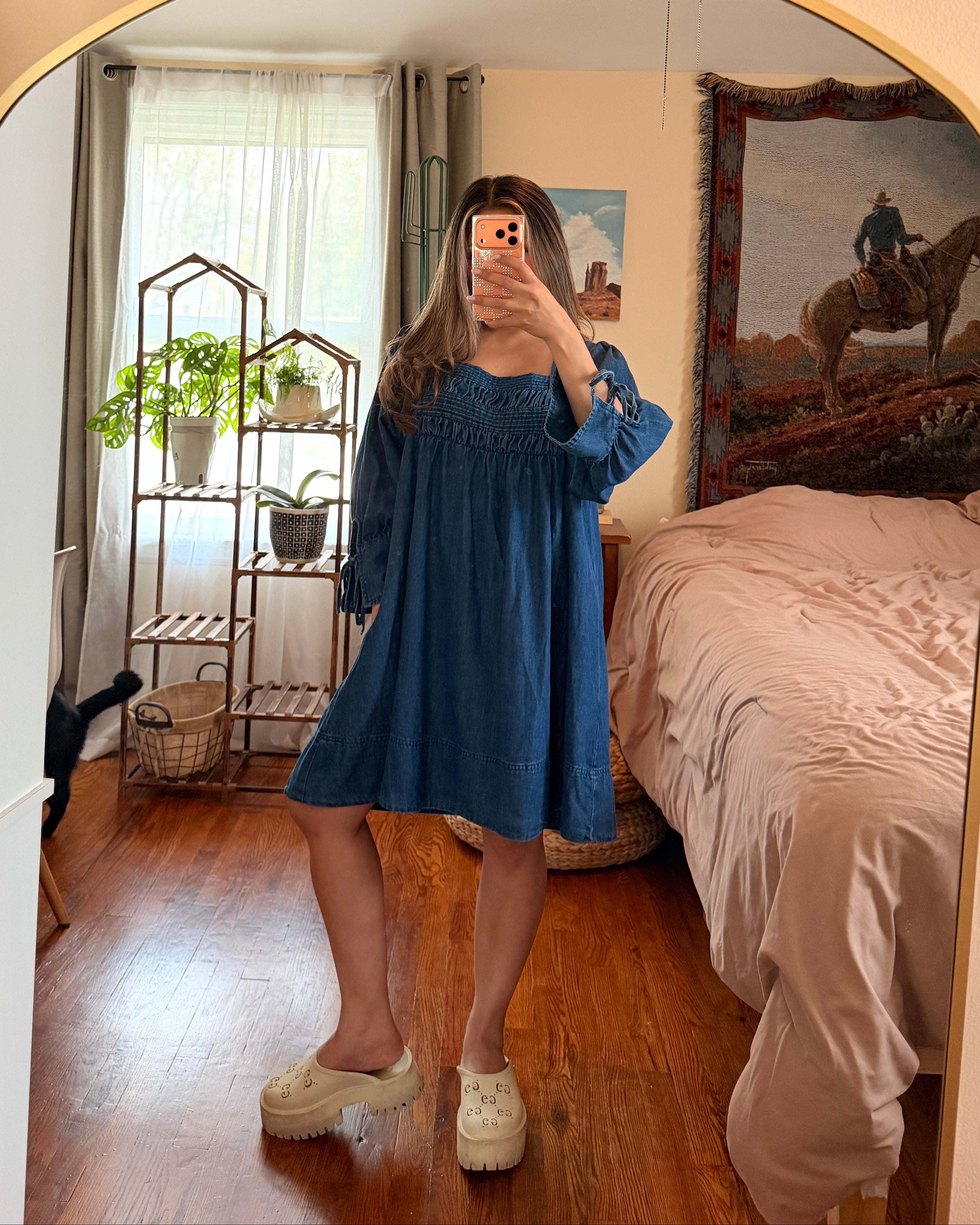 Square-Neck Smocked Denim Dress