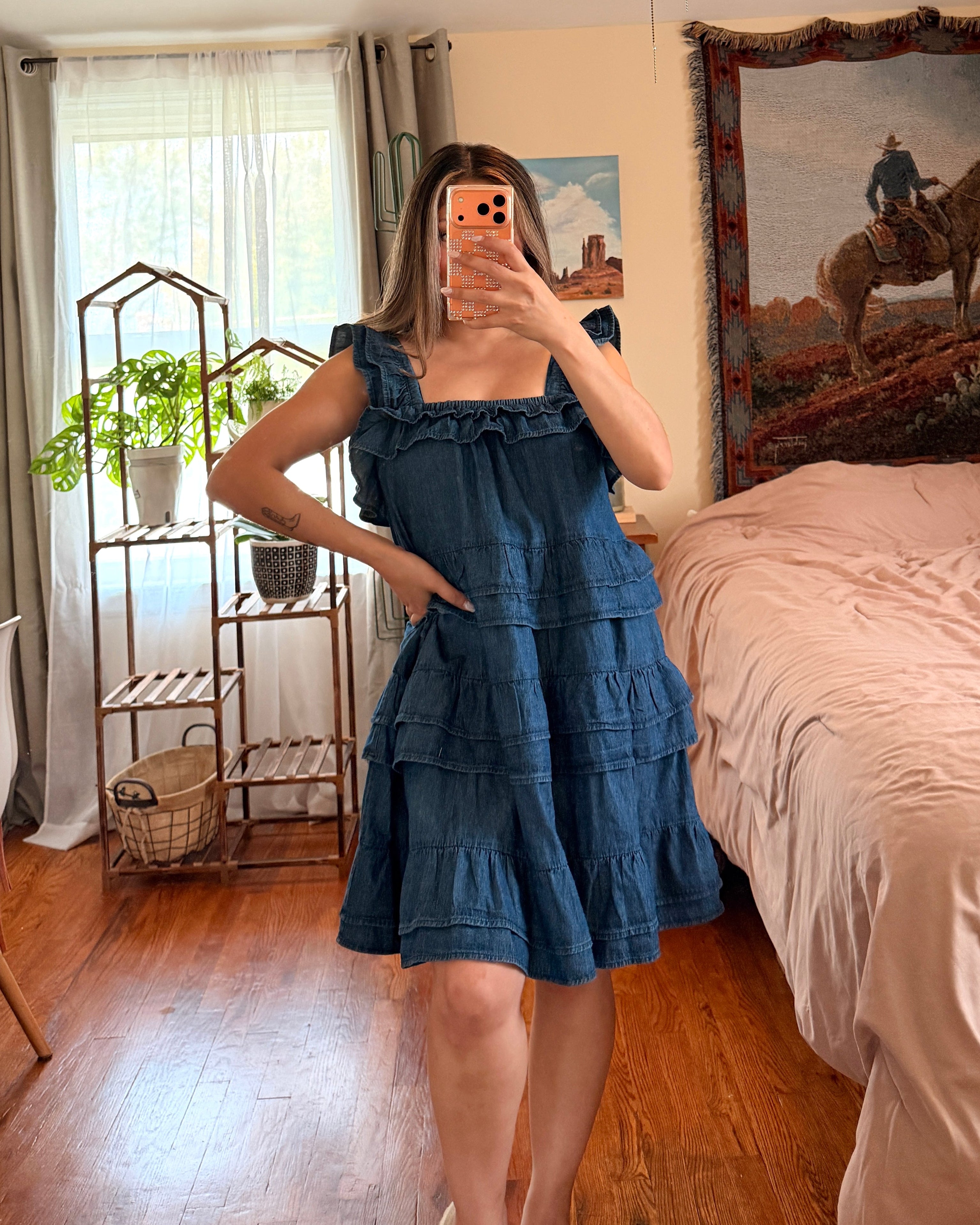 Ruffled Tiered Denim Dress