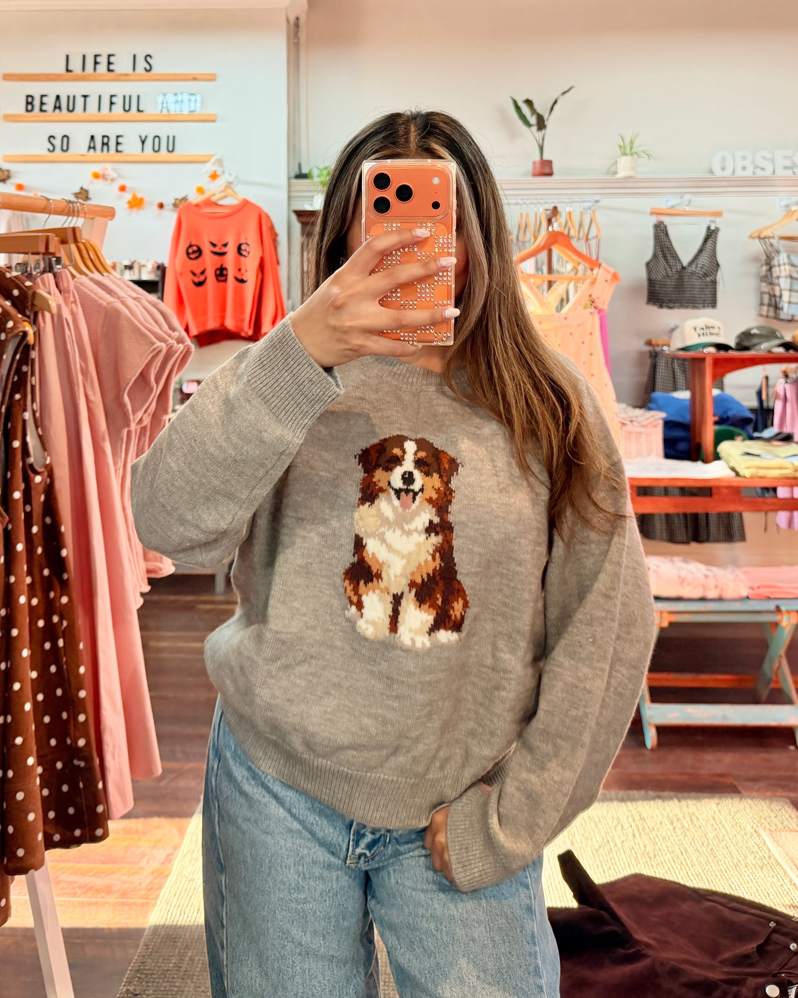 A woman taking a mirror selfie in a clothing boutique, wearing a gray crewneck sweatshirt with a large brown and white dog graphic on the front, paired with light blue jeans.