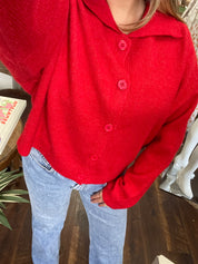 Collared Sweater Cardigan - Red