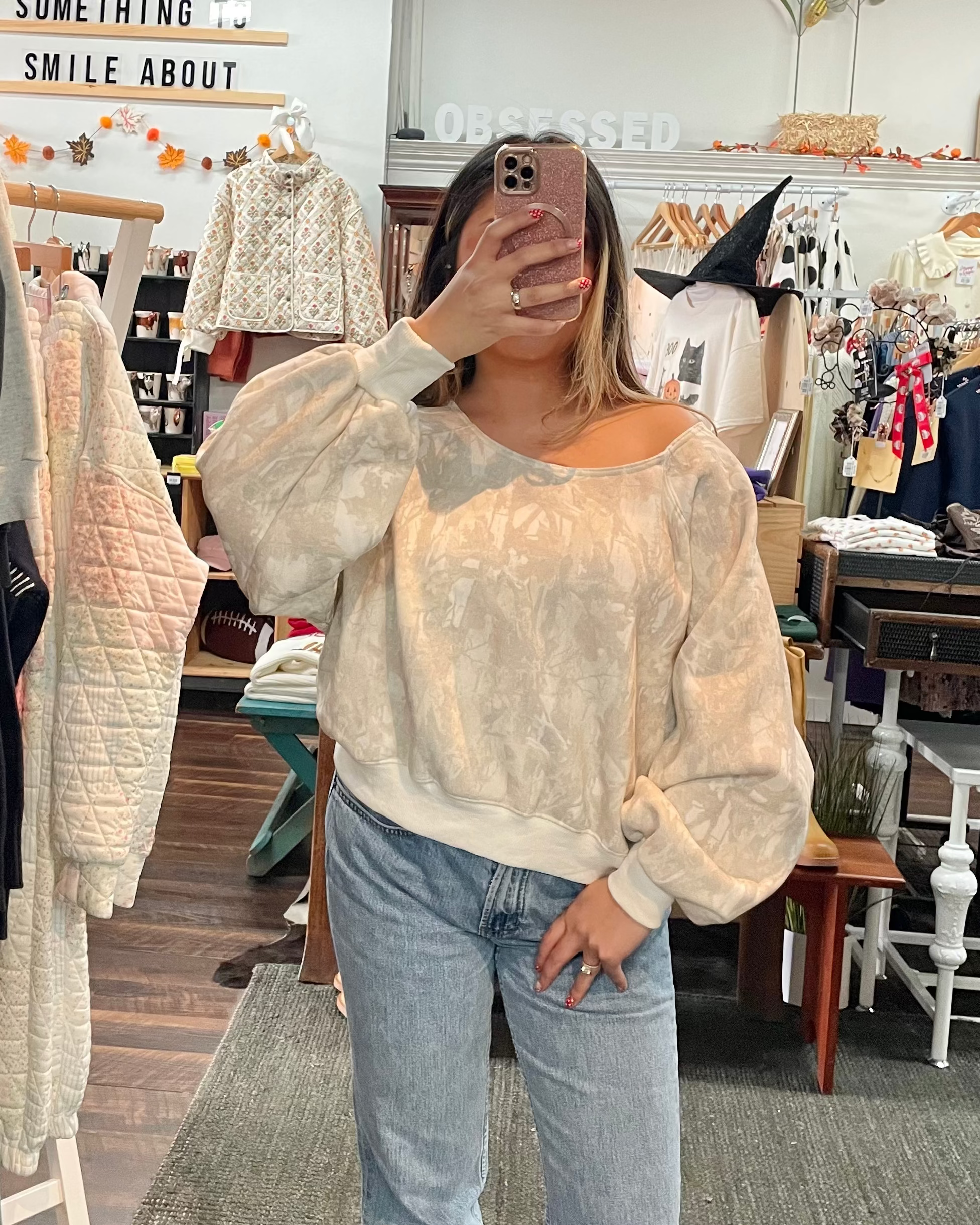 Camo Off The Shoulder Sweatshirt - Ivory