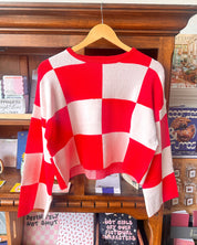 Checkered Knit Cropped Top - Red
