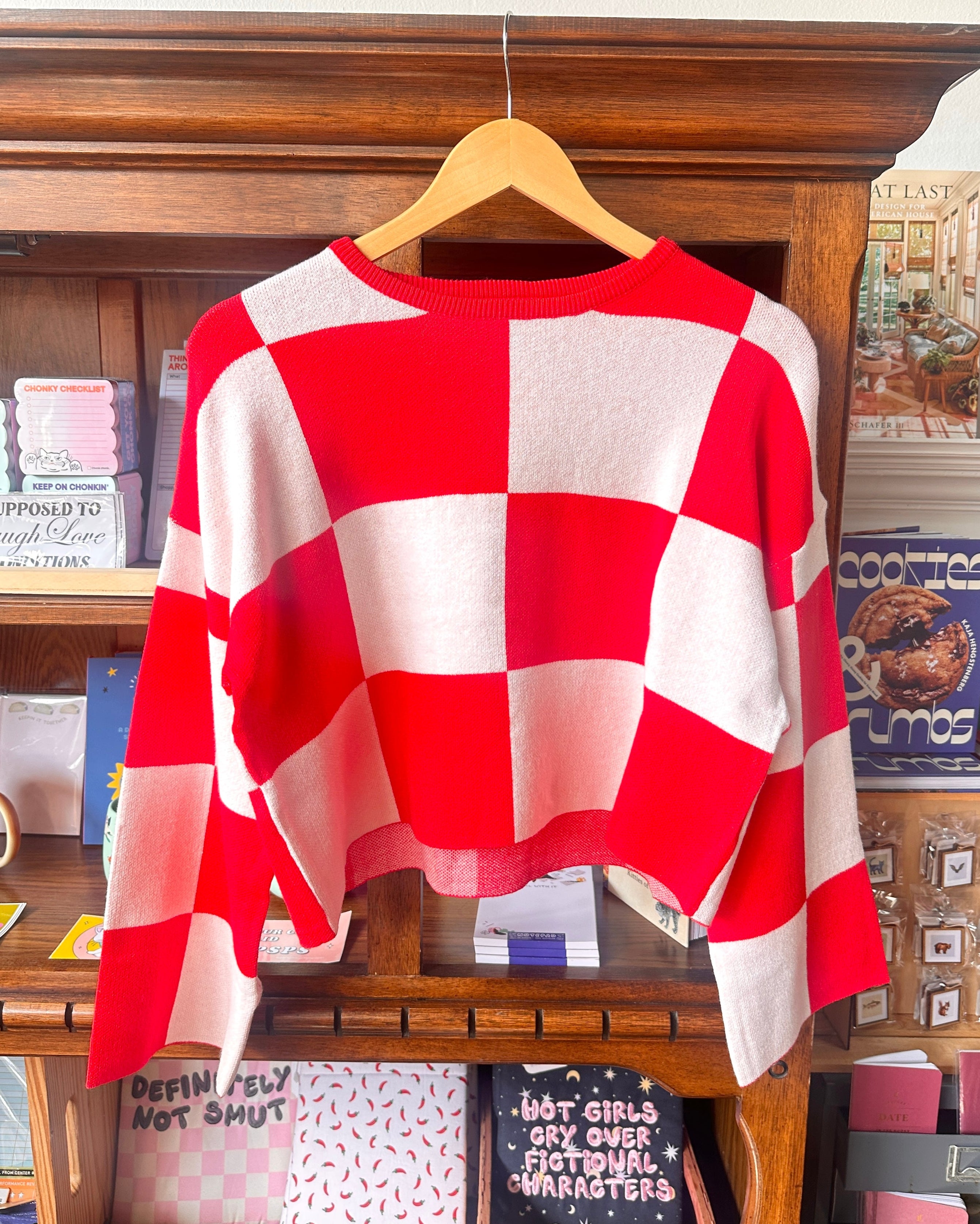 Checkered Knit Cropped Top - Red