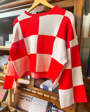 Checkered Knit Cropped Top - Red