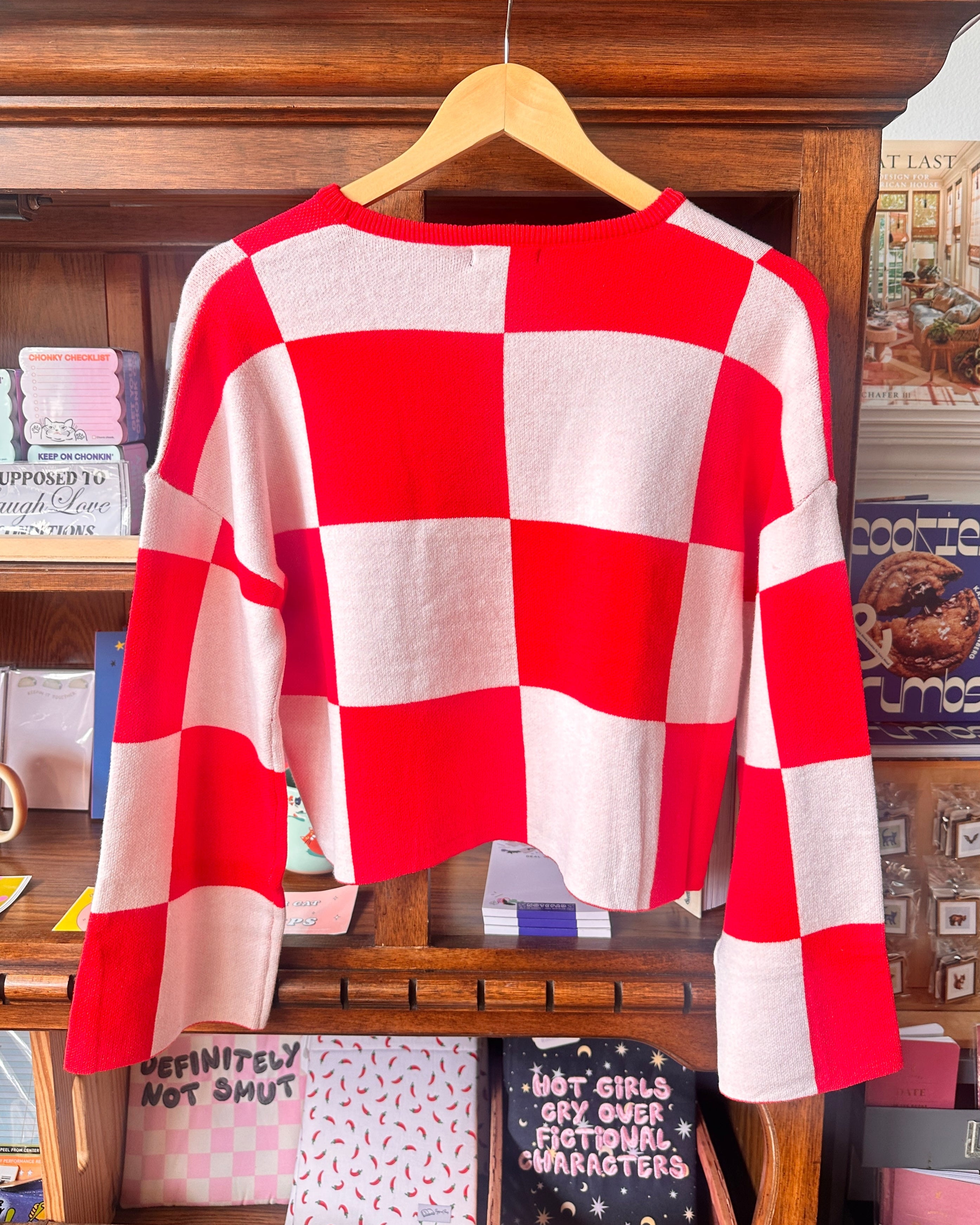 Checkered Knit Cropped Top - Red