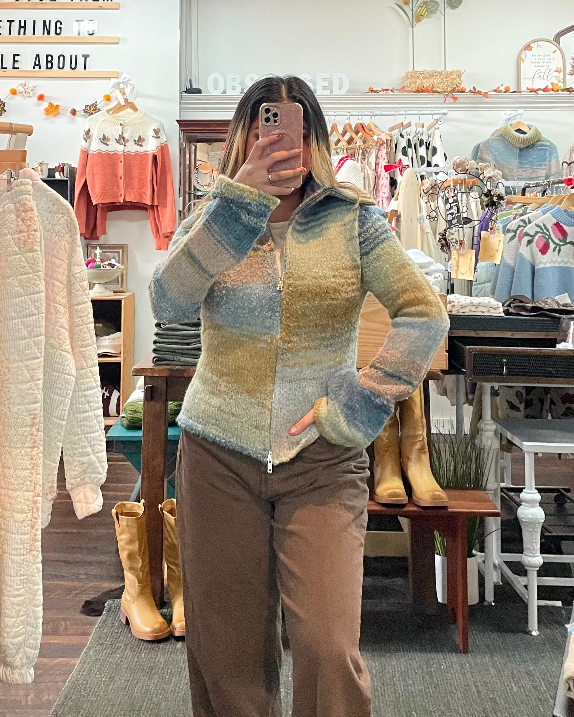 Turtle Neck Zip Up Sweater - Earth Tones