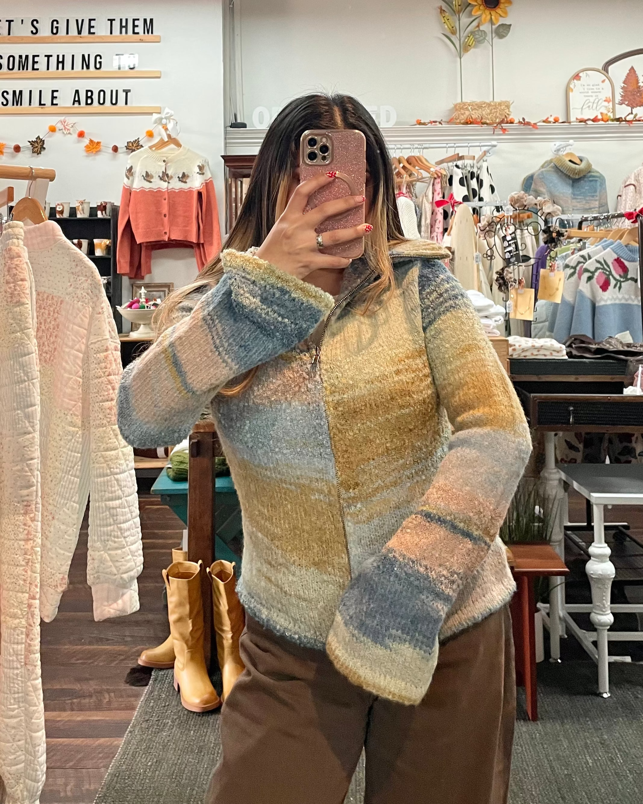 Turtle Neck Zip Up Sweater - Earth Tones