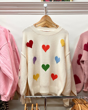 Rainbow All Over Hearts with Elbow Hearts Sweater - Cream