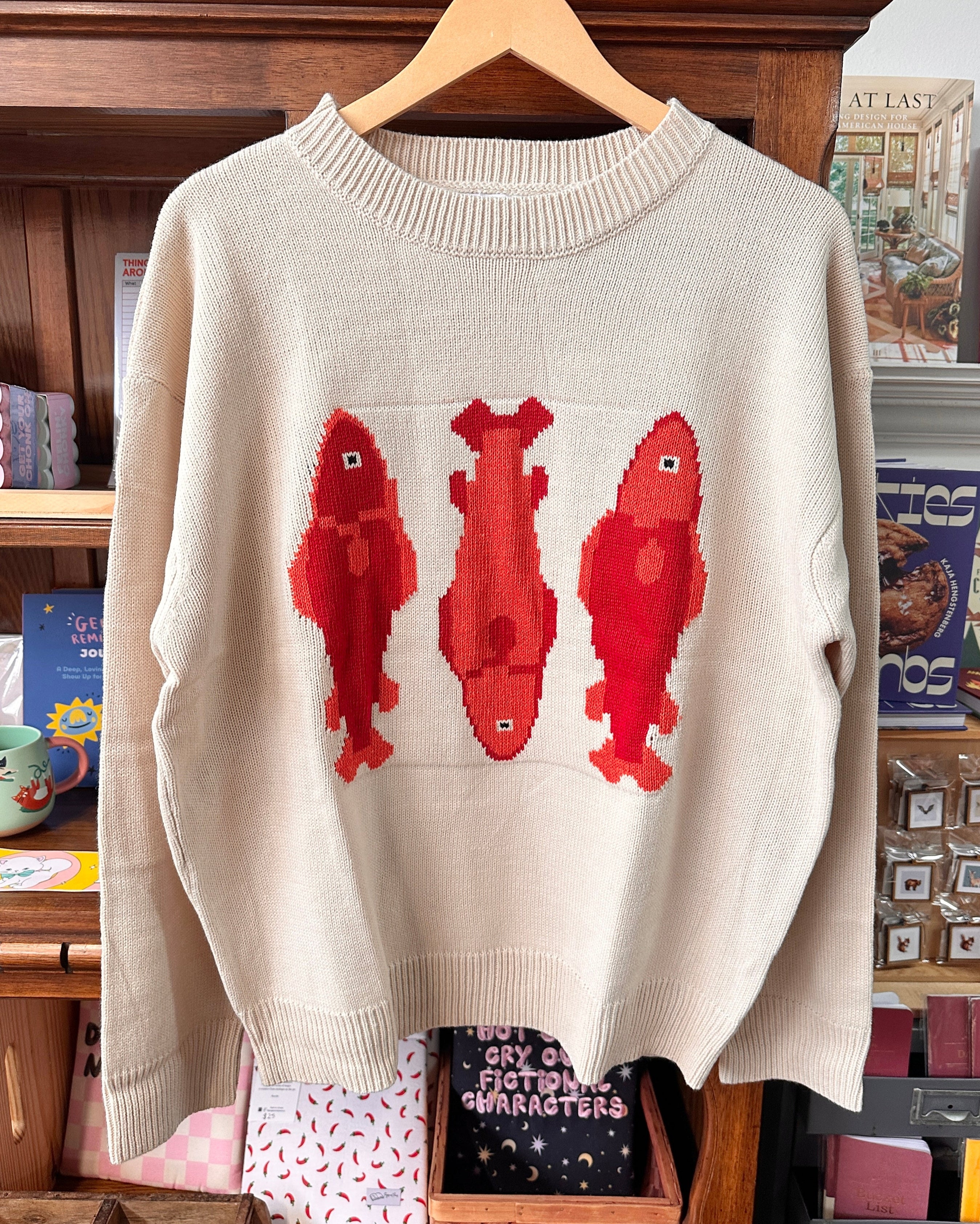 Red Fish Knit Sweater - Cream