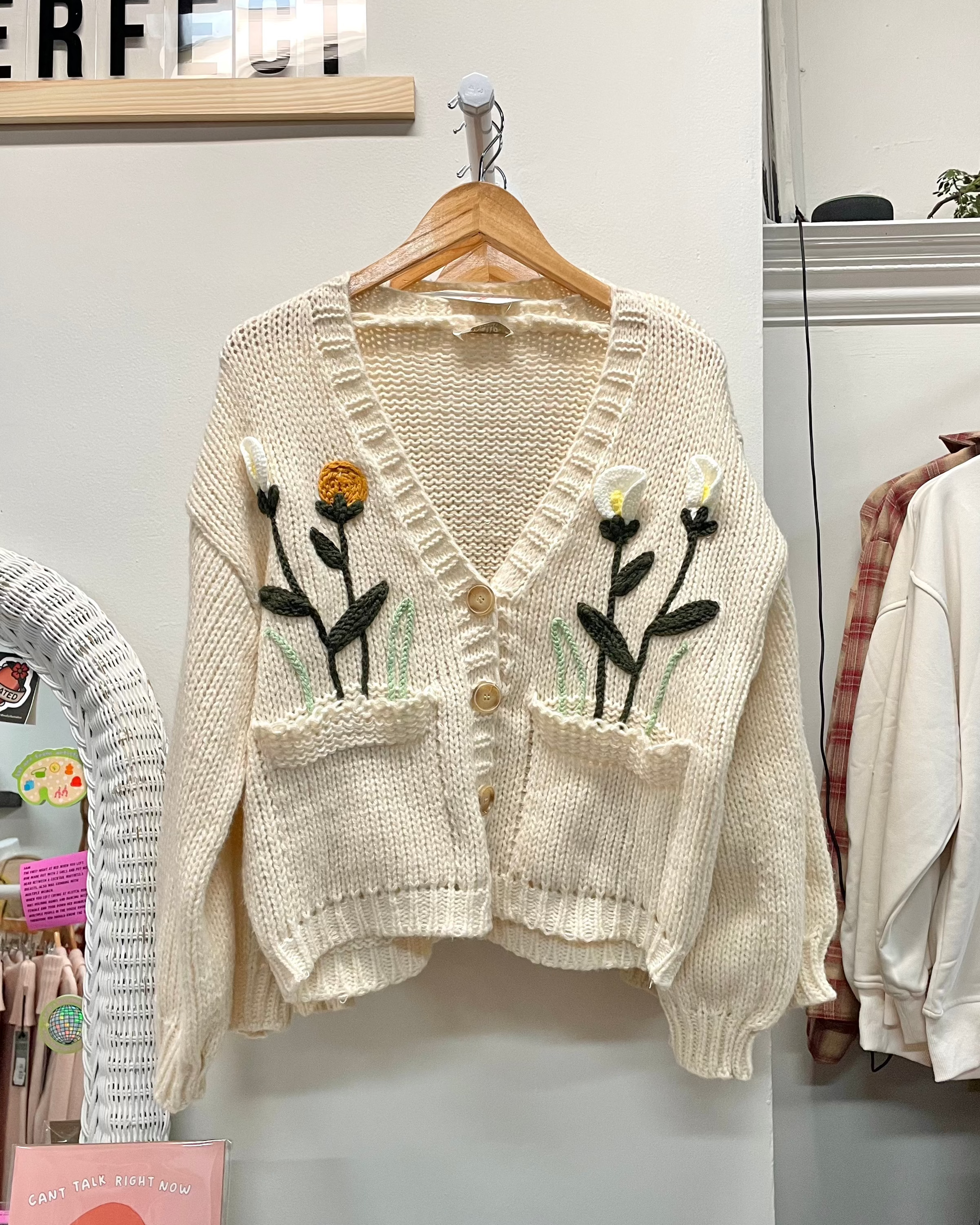 Flower Embroidered Knit Cardigan - Cream