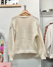 Flower Embroidered Knit Cardigan - Cream