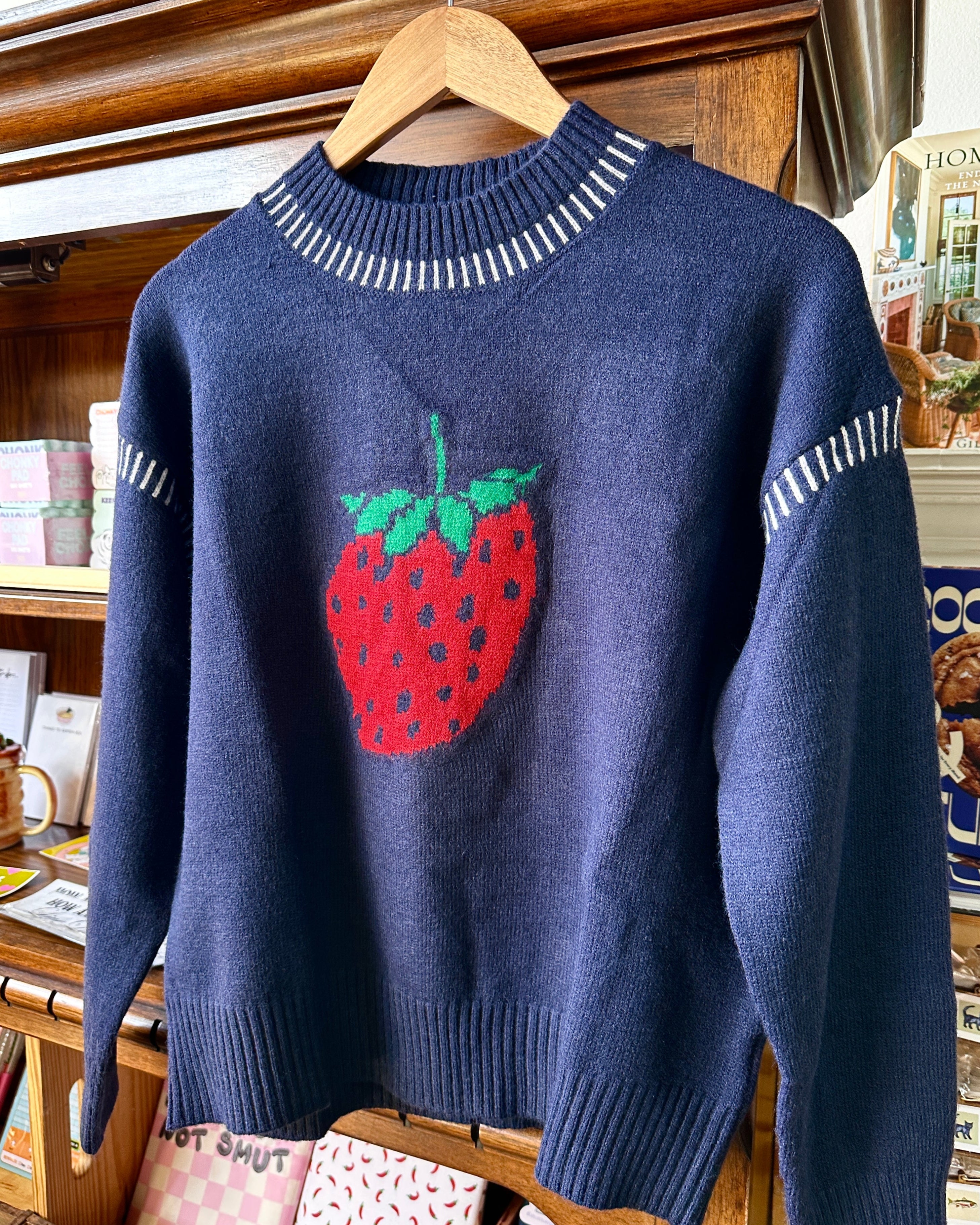 Strawberry Knit Sweater - Navy