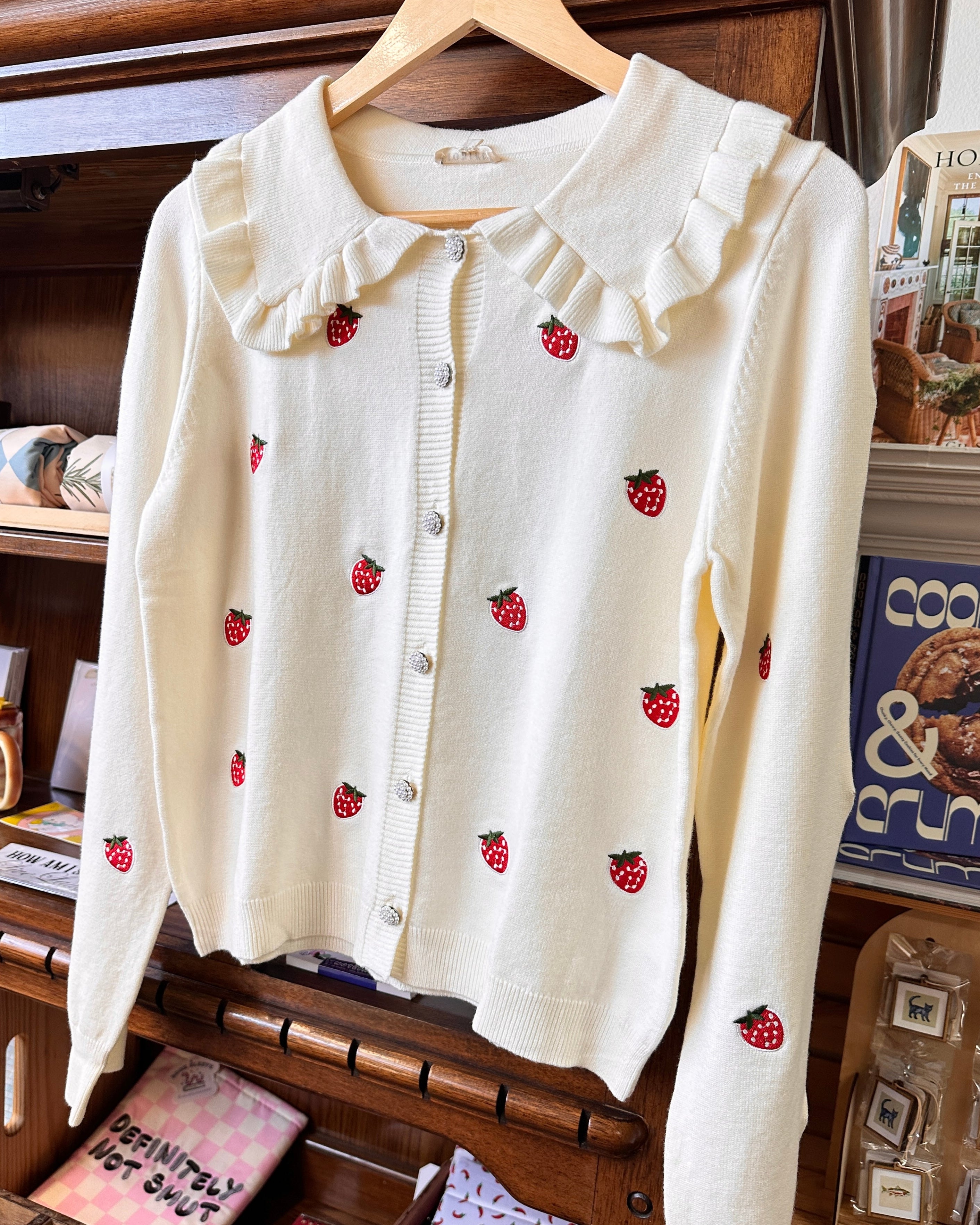 Strawberry Embroidered Sweater Cardigan - Cream