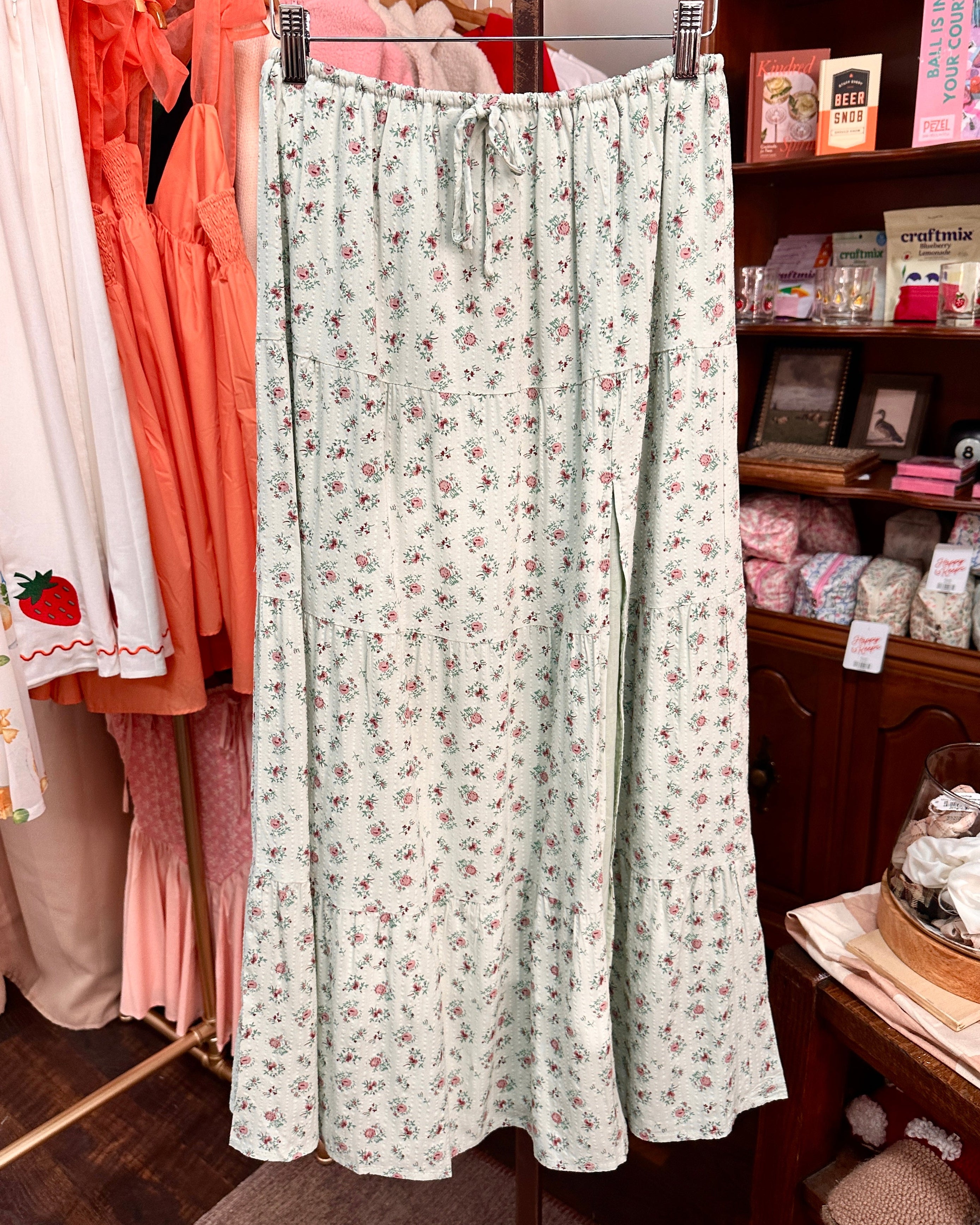Floral Printed Skirt w/ Slit - Sage