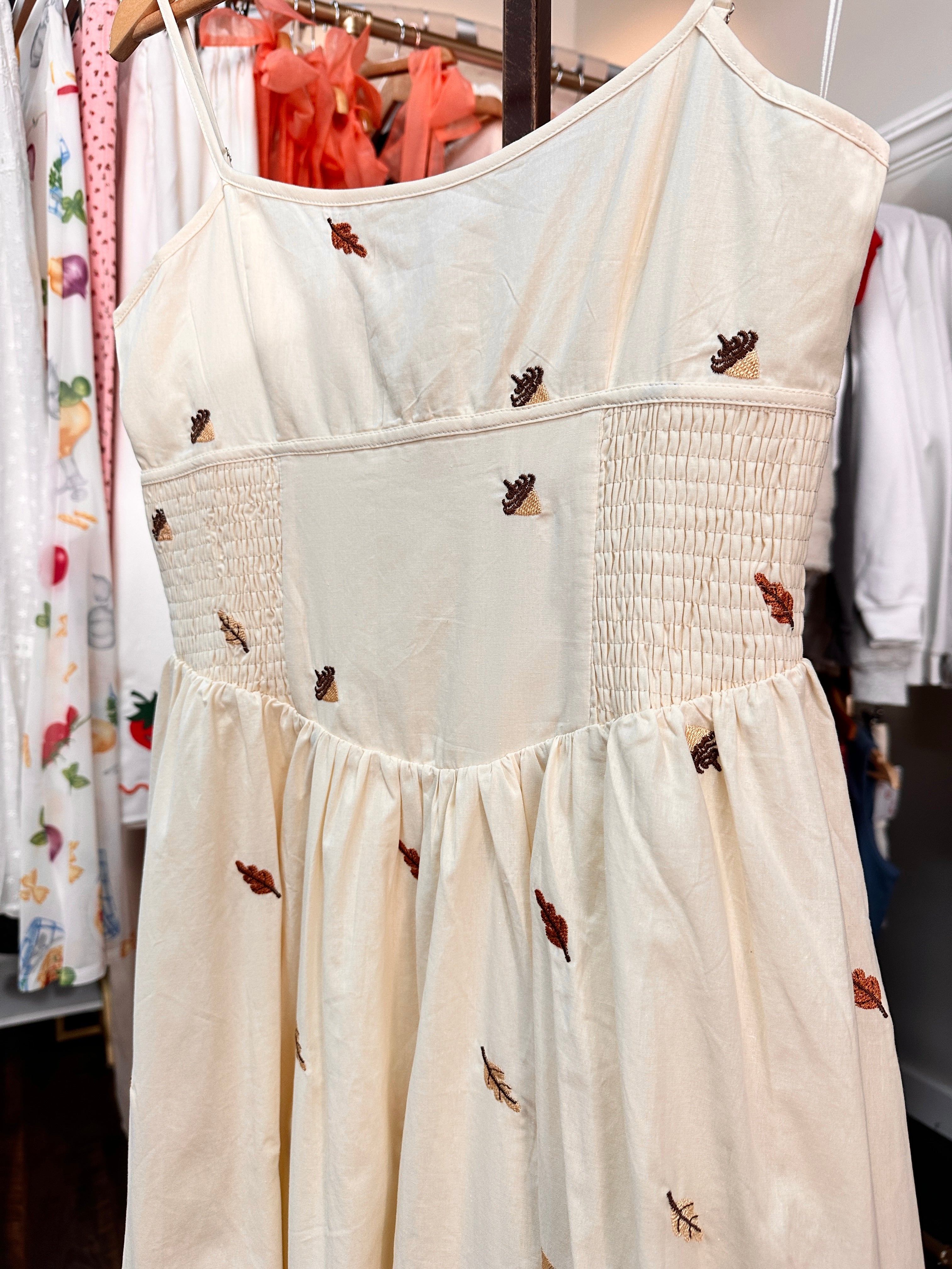 Embroidered Leaf & Acorns Maxi Dress