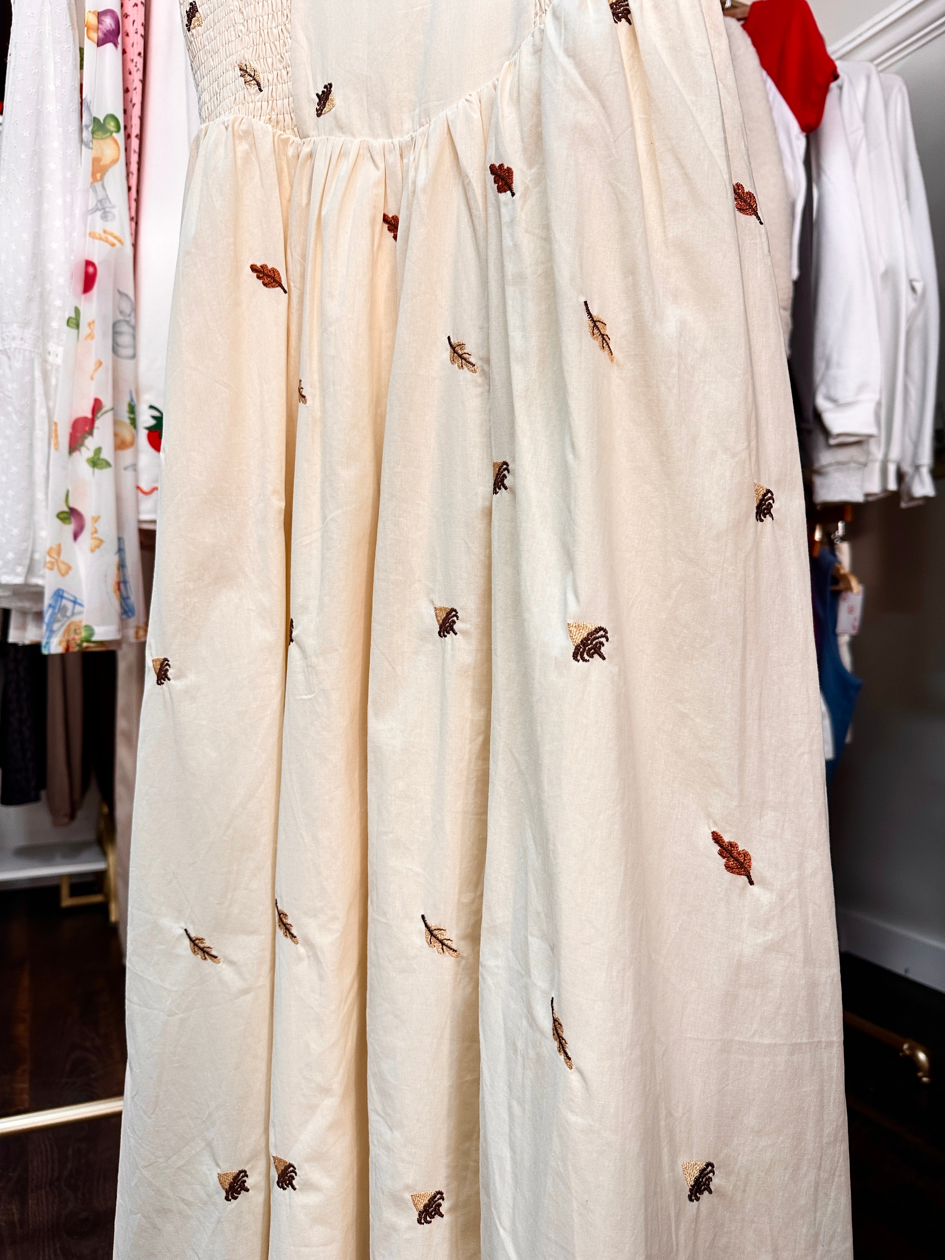 Embroidered Leaf & Acorns Maxi Dress