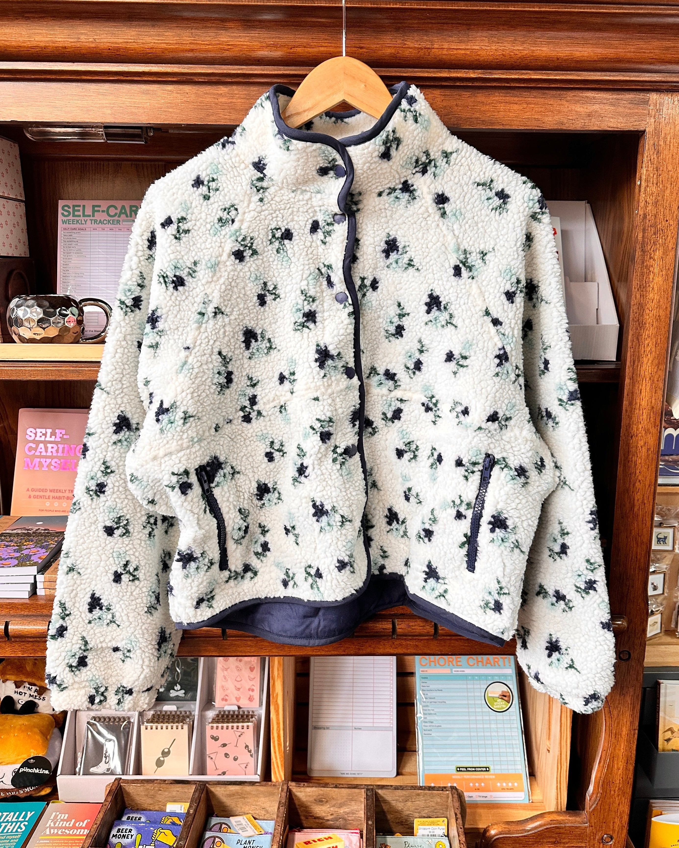 Floral Sherpa Fleece Jacket - Ivory/Navy