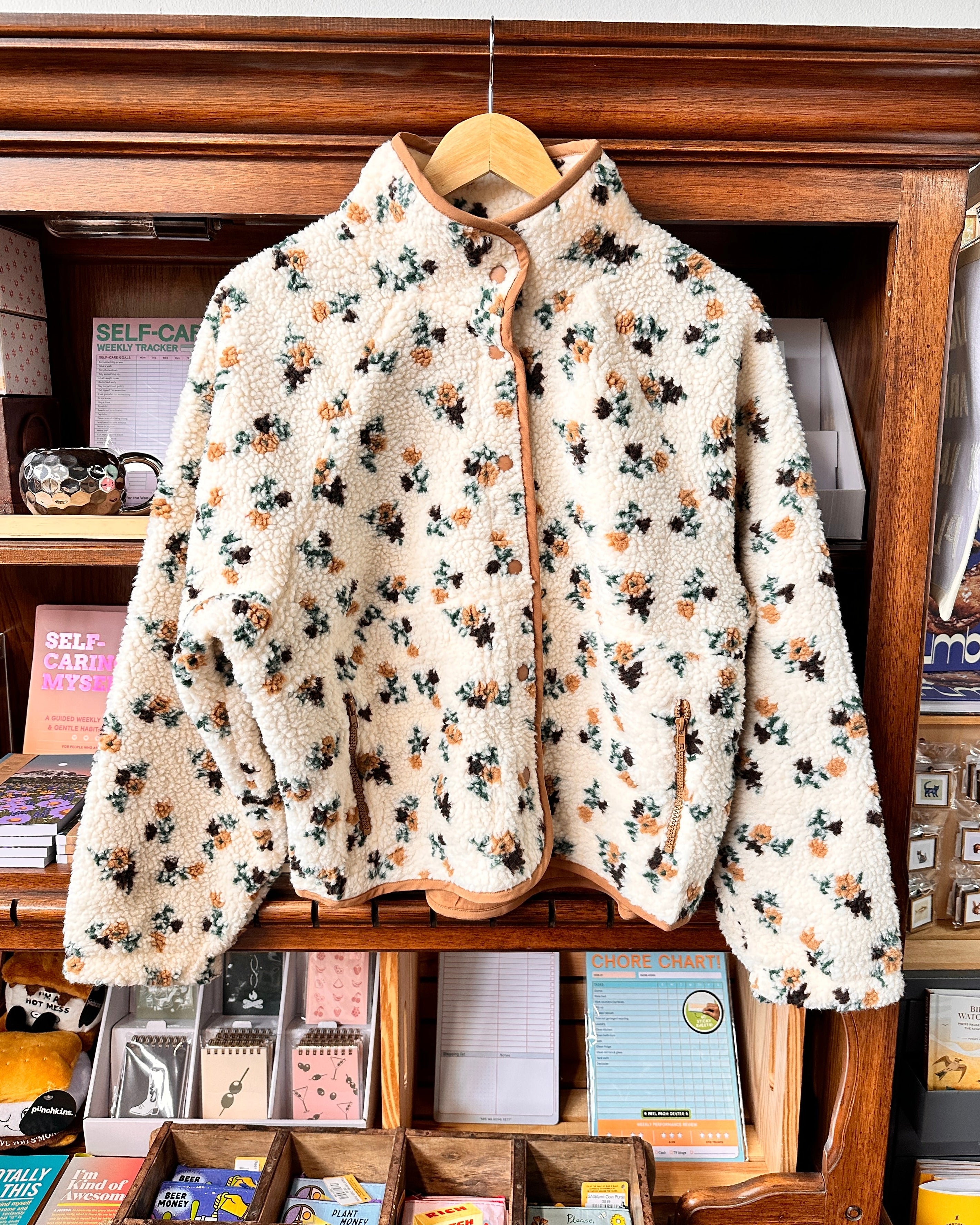 Floral Sherpa Fleece Jacket - Cream/Tan