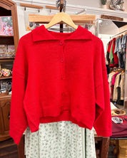Collared Sweater Cardigan - Red