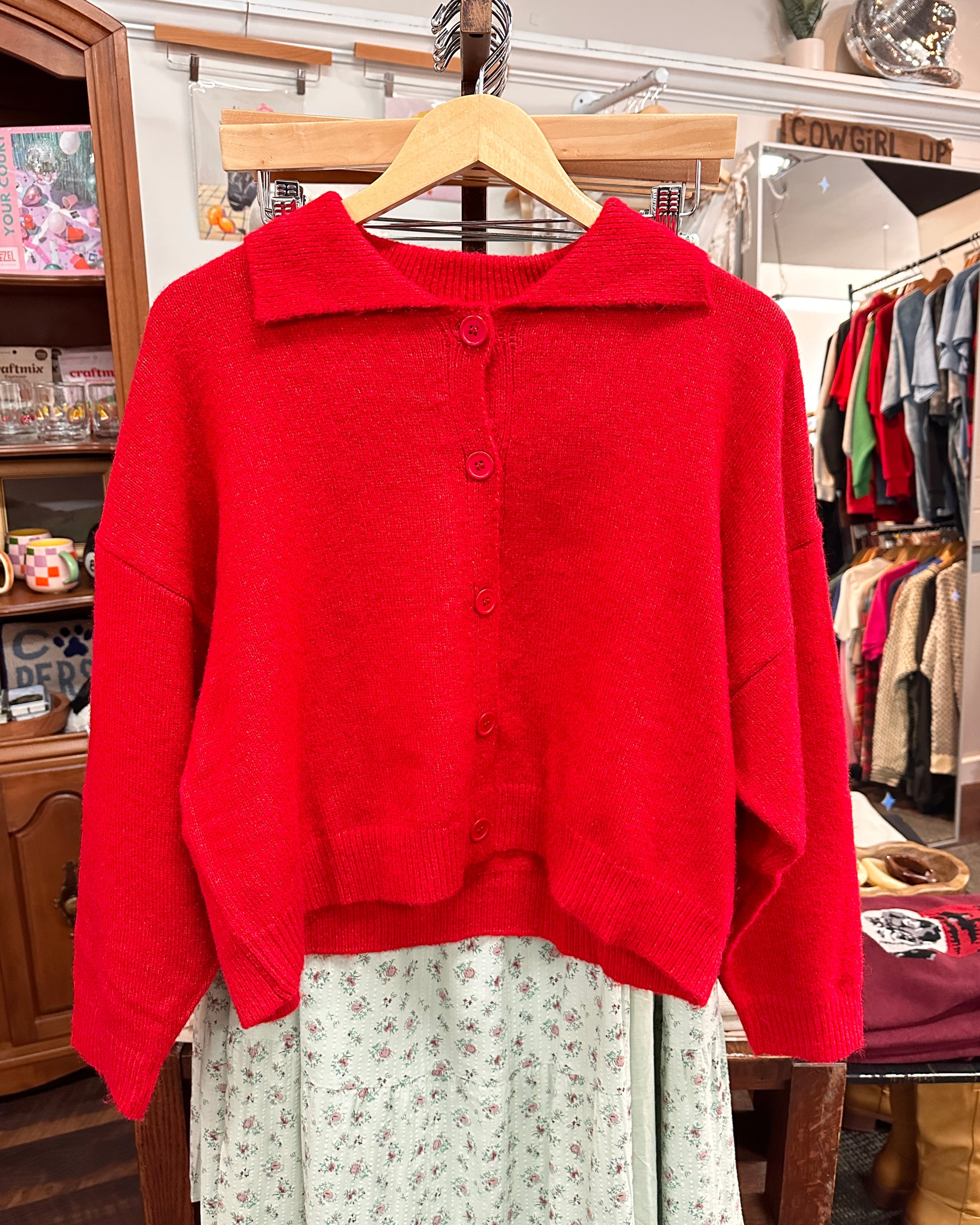Collared Sweater Cardigan - Red