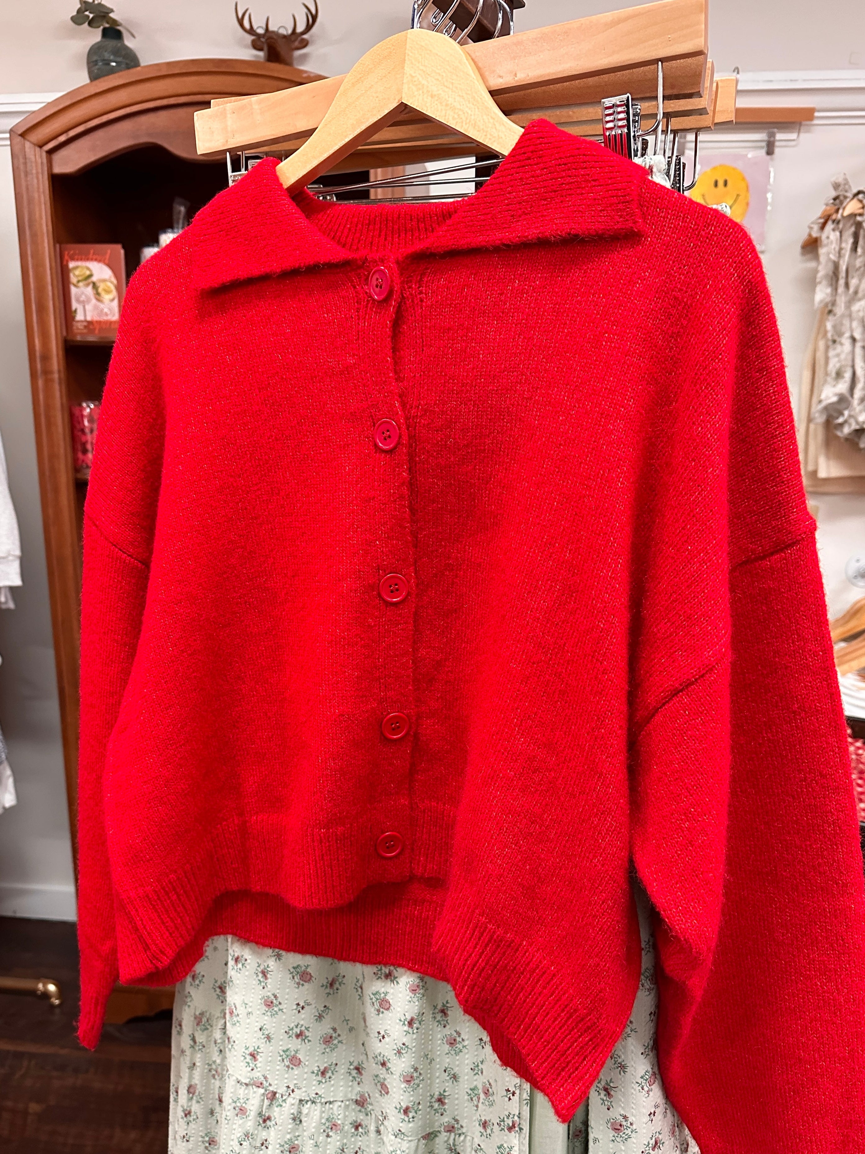 Collared Sweater Cardigan - Red