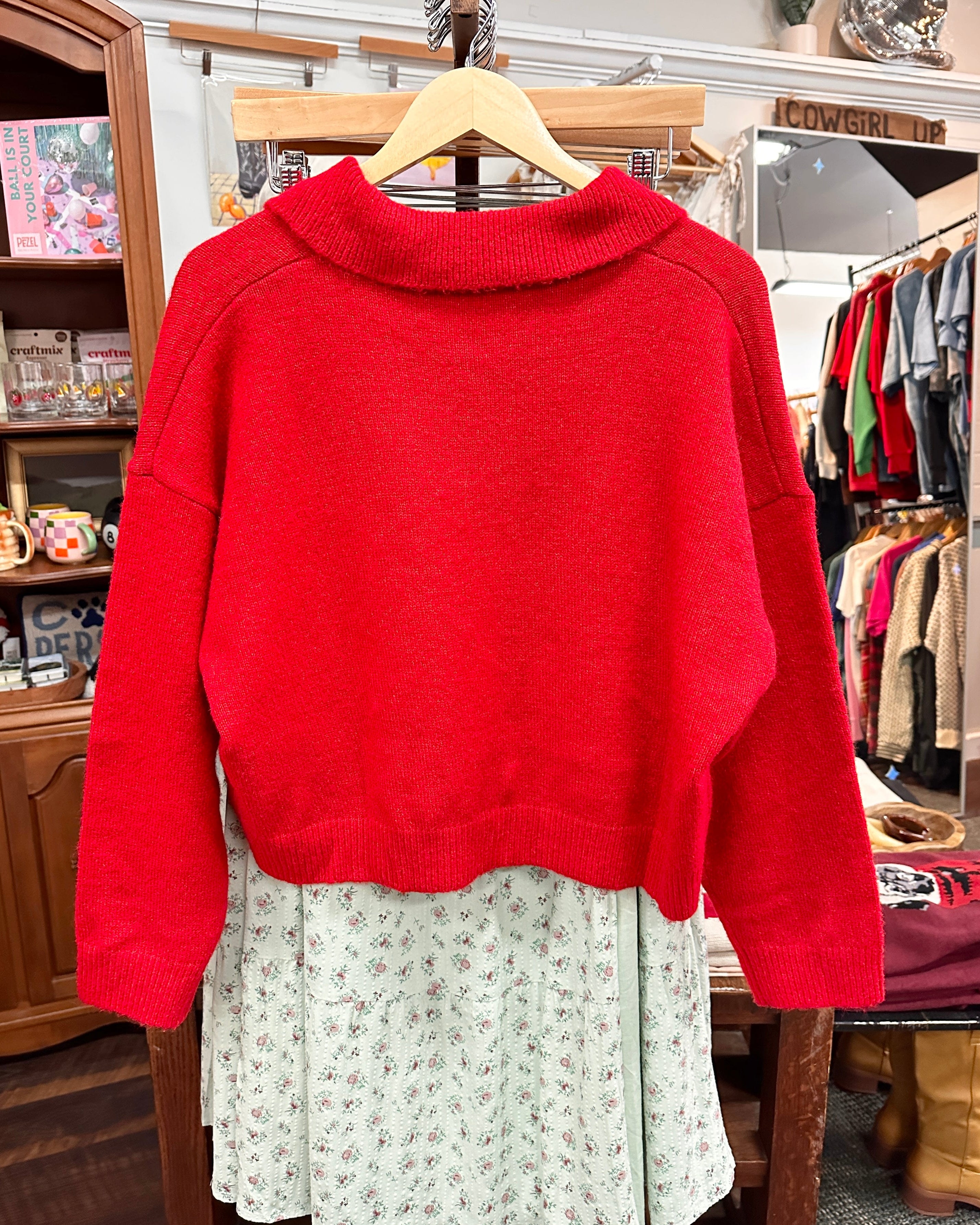Collared Sweater Cardigan - Red