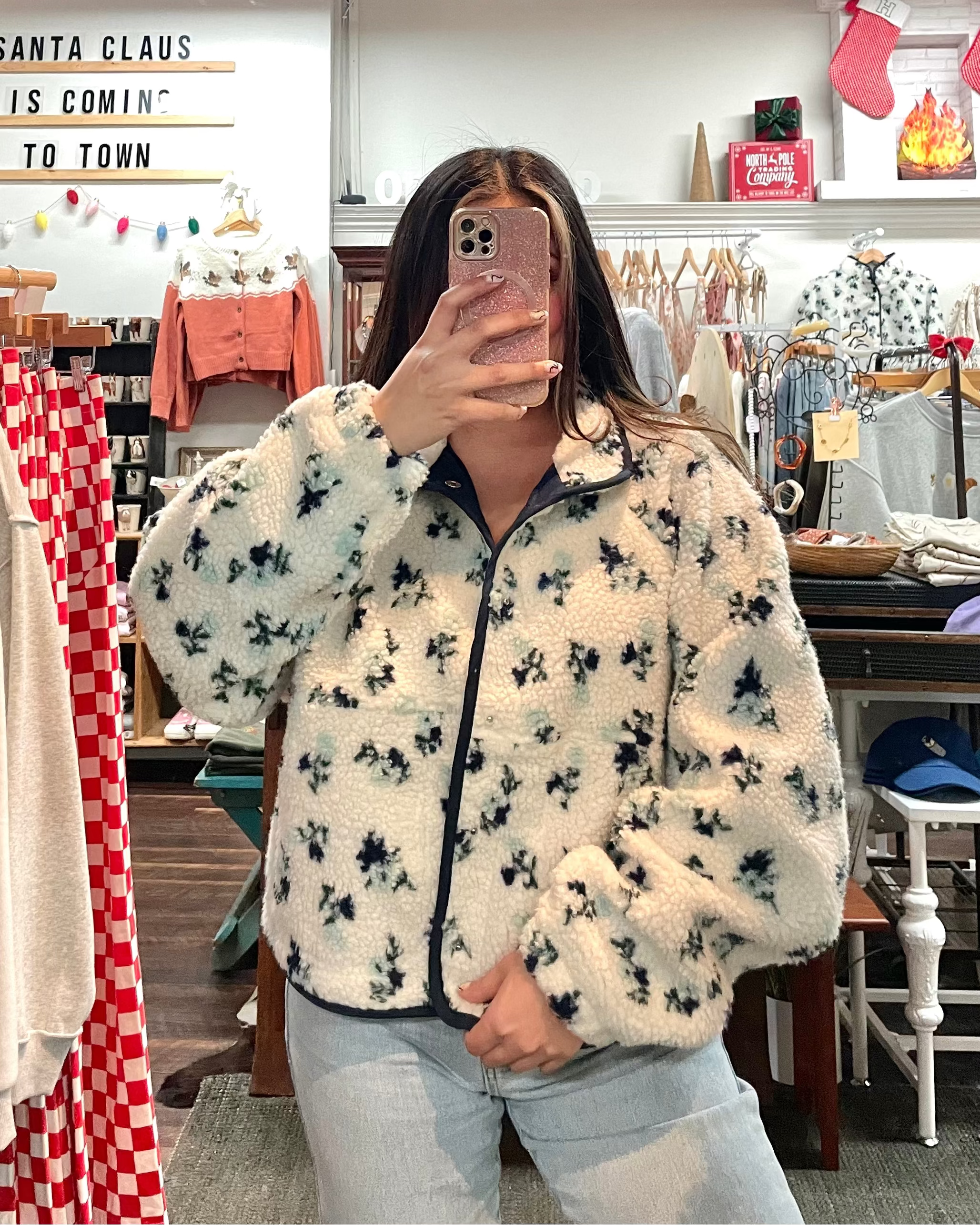 Floral Sherpa Fleece Jacket - Ivory/Navy