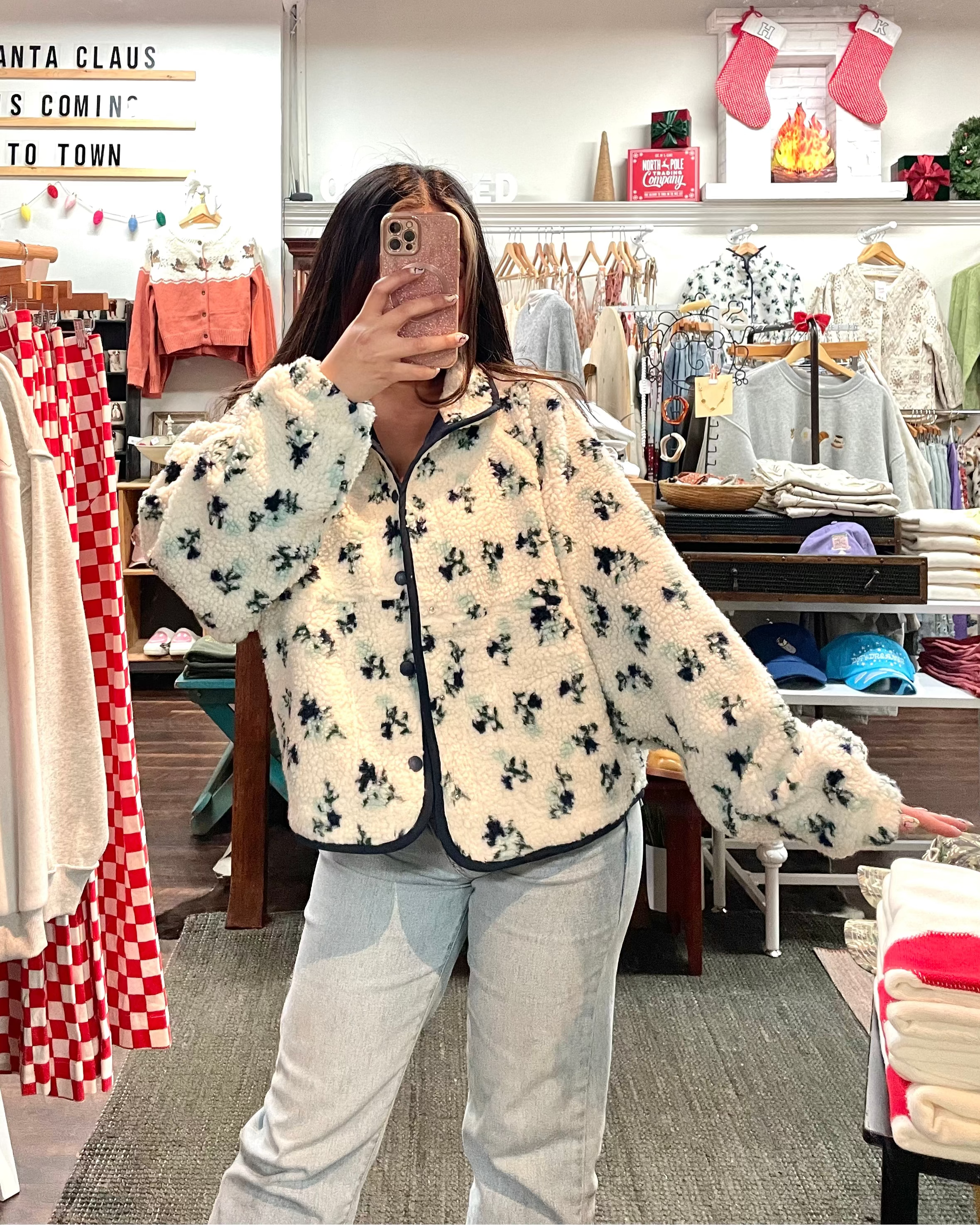 Floral Sherpa Fleece Jacket - Ivory/Navy