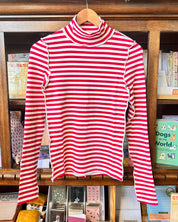 Red/White Mockneck Striped Long Sleeve Top