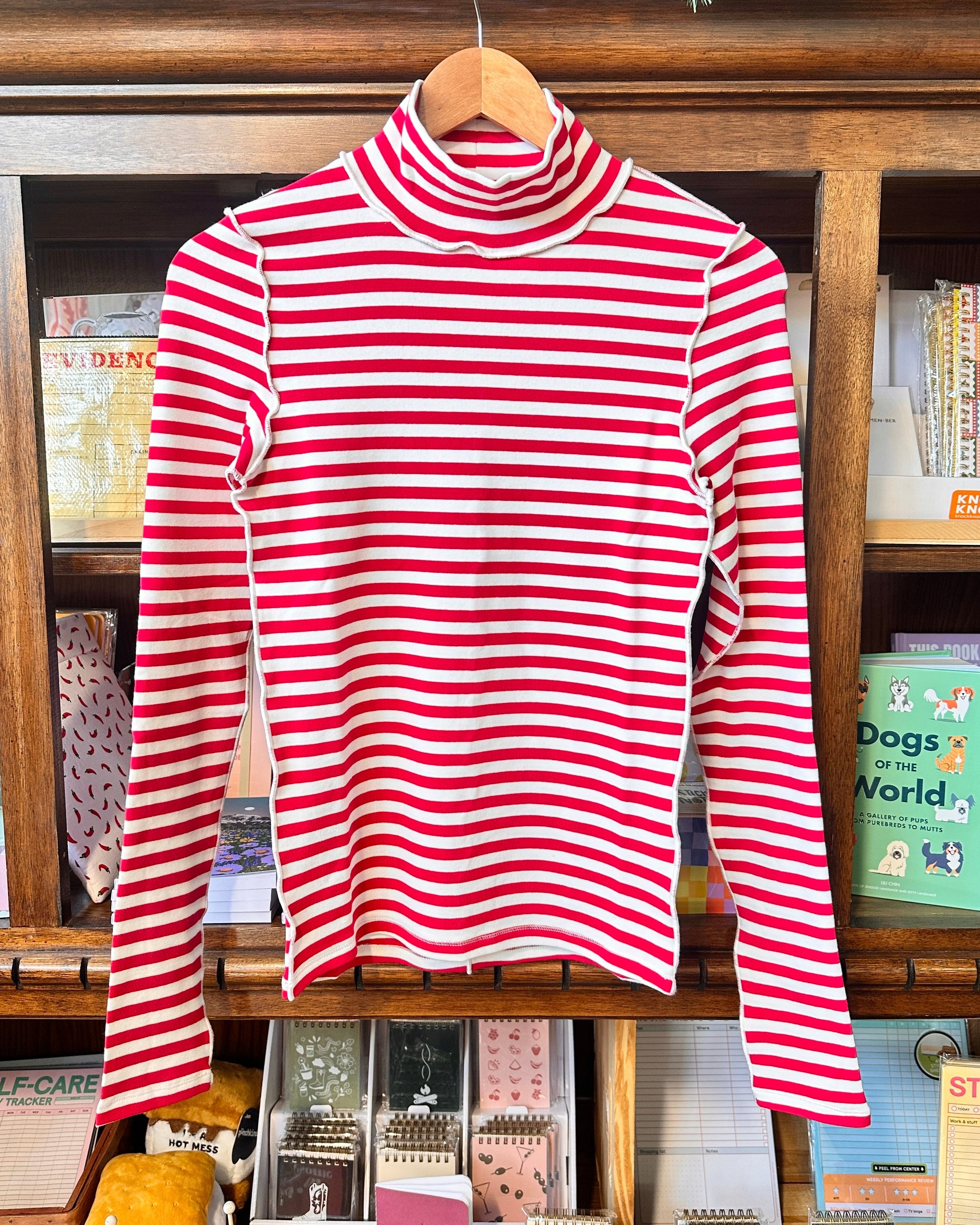 Red/White Mockneck Striped Long Sleeve Top