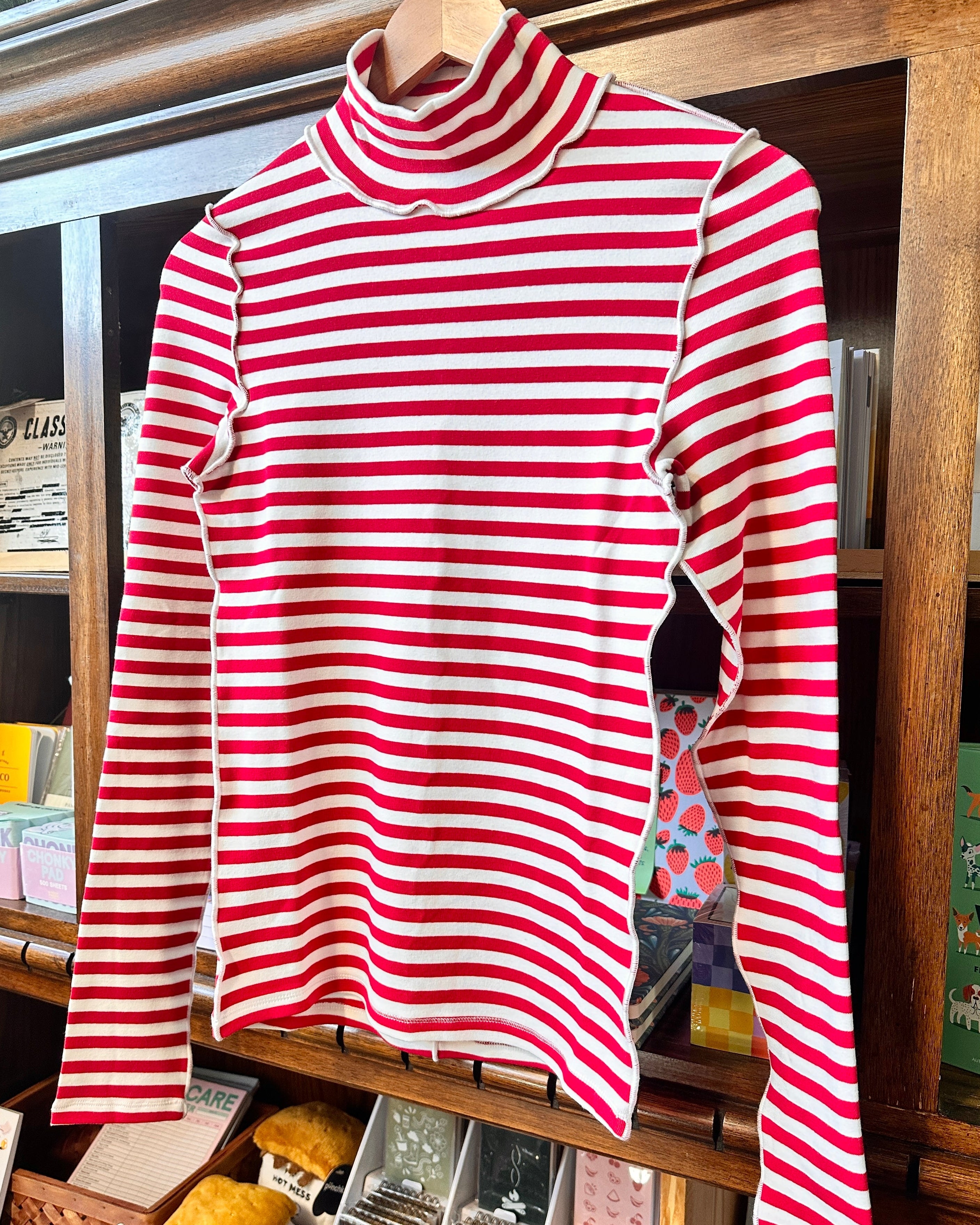Red/White Mockneck Striped Long Sleeve Top