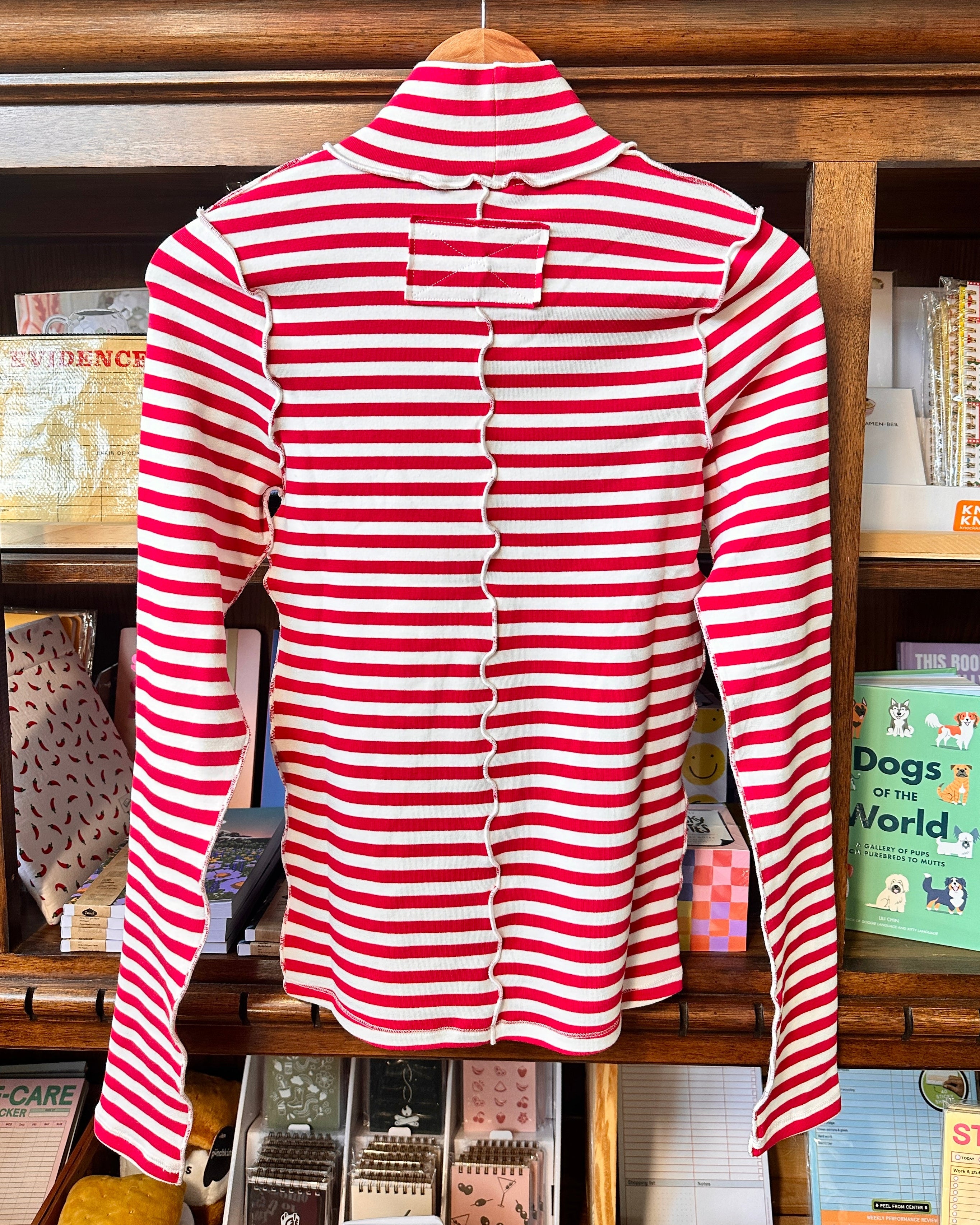 Red/White Mockneck Striped Long Sleeve Top