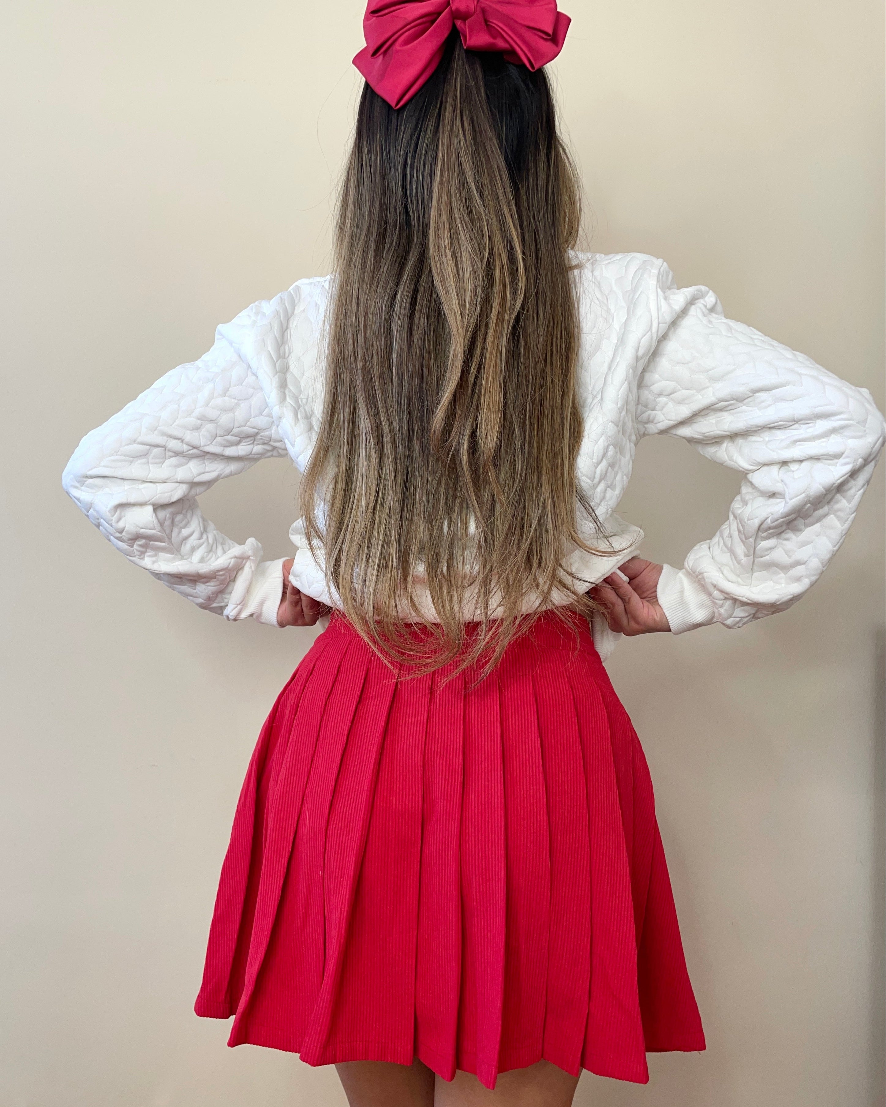 Red Corduroy Pleated Mini Skirt