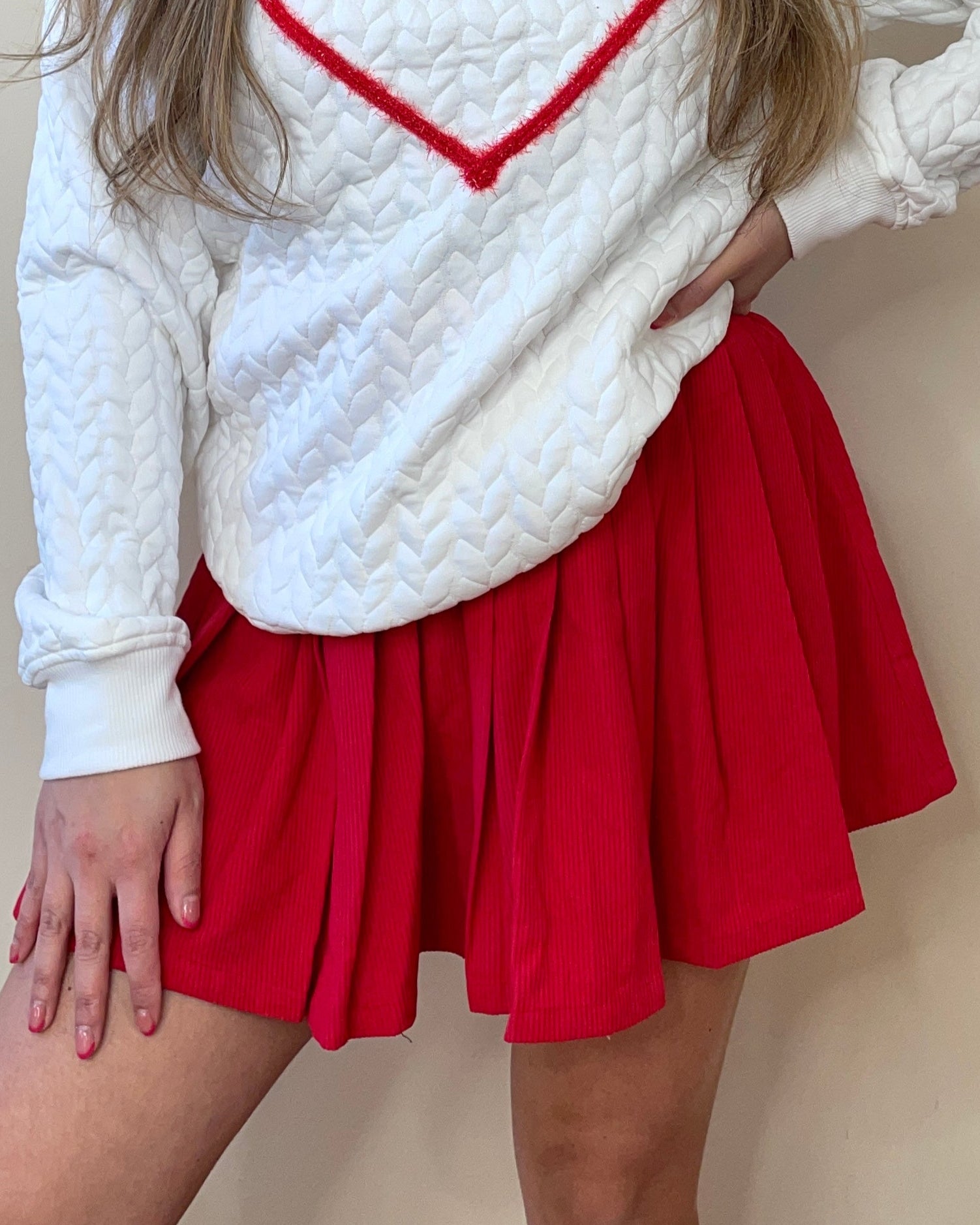 Red Corduroy Pleated Mini Skirt