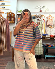 Short Sleeve Rainbow Striped Knit Cardigan